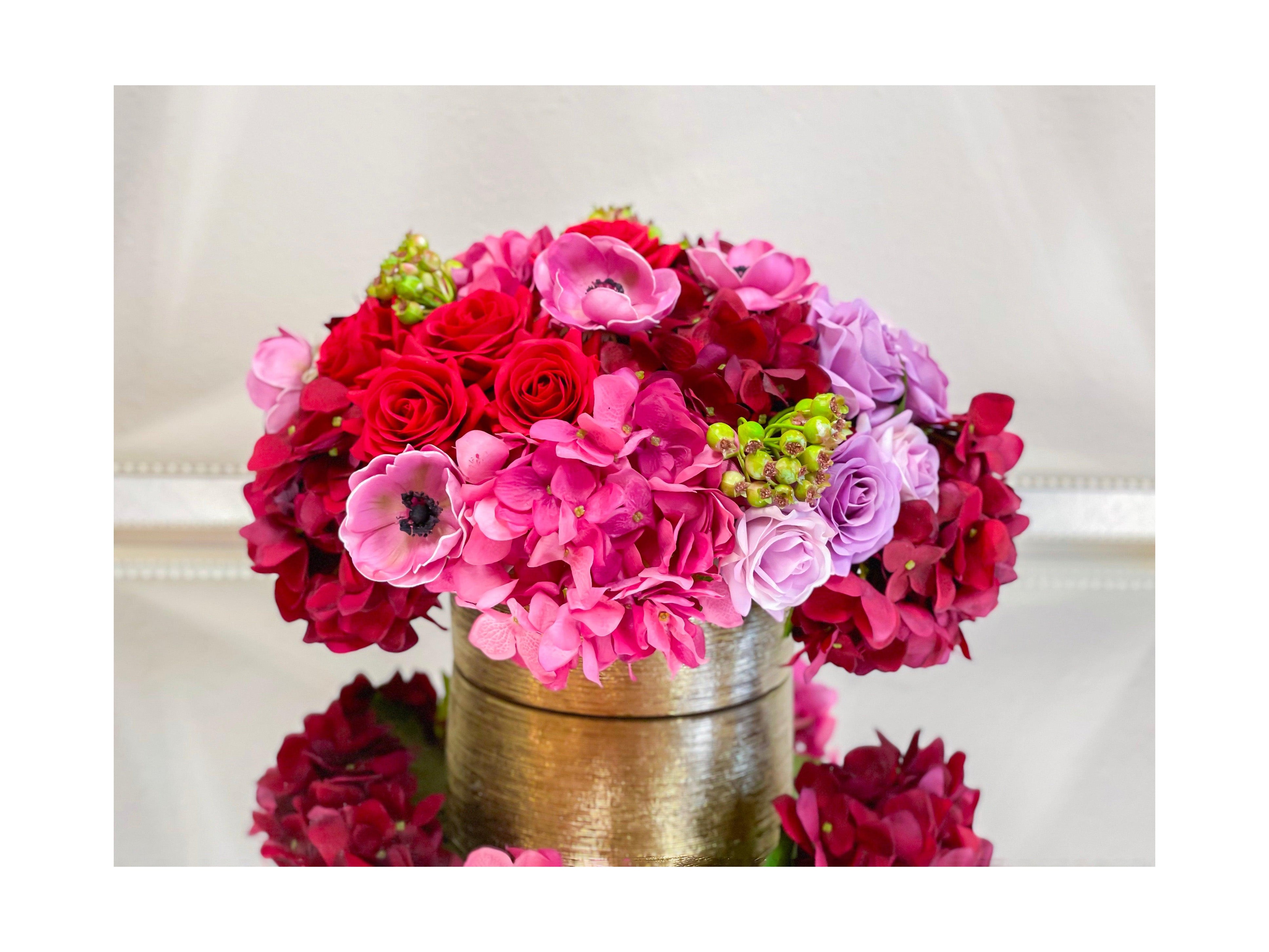 Red Rose Hydrangea Real Touch Arrangement in Gold Vase Secondary image
