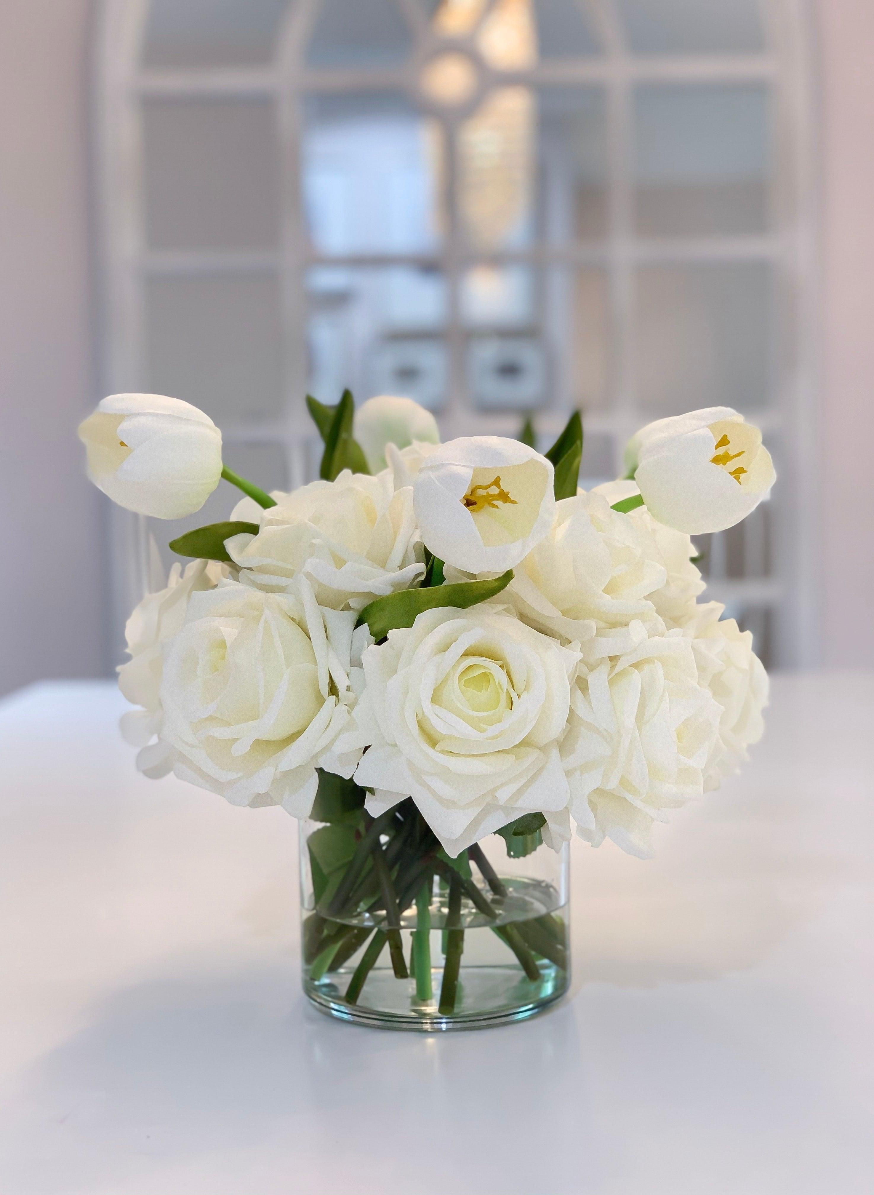 White Real Touch Flower Arrangement-Large Real Touch Rose Arrangement-Tulip Arrangement-Artificial Flower Arrangement-Tulip Centerpiece - Flovery