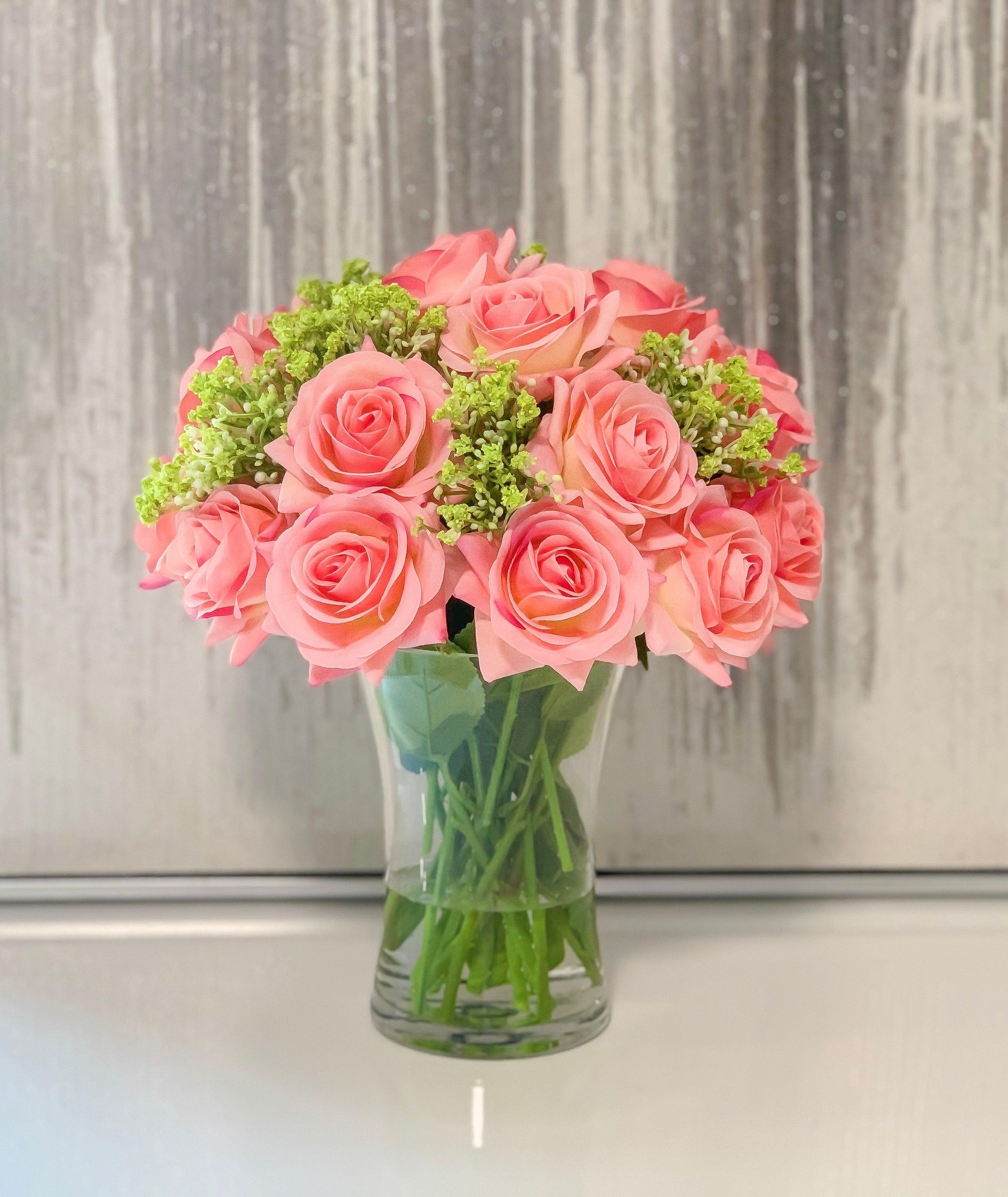 Real Touch Pink Peach Rose Mixed Green Arrangement - Flovery Main image