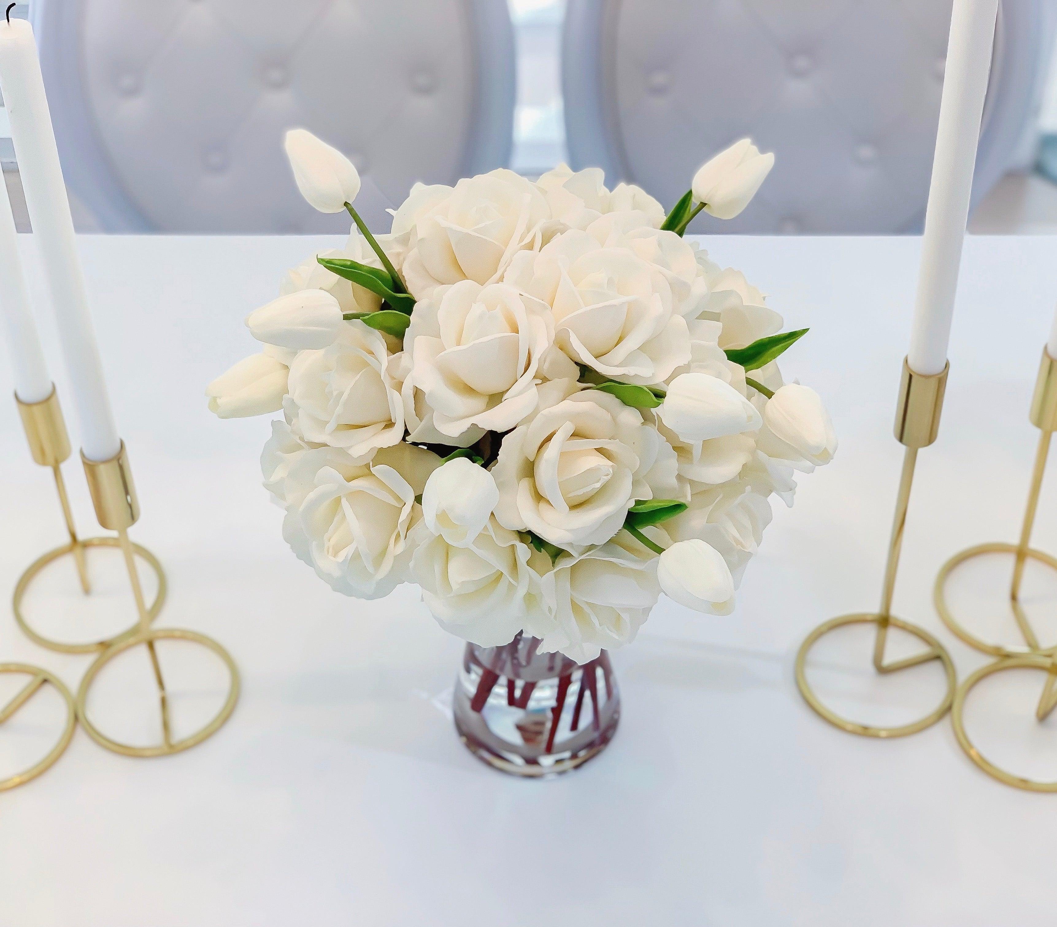 Tall Cream Real Touch Faux Flowers Arrangement-Dining Centerpiece-Silk Flowers-Cream Roses - Flovery