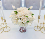 Tall Cream Real Touch Faux Flowers Arrangement-Dining Centerpiece-Silk Flowers-Cream Roses - Flovery
