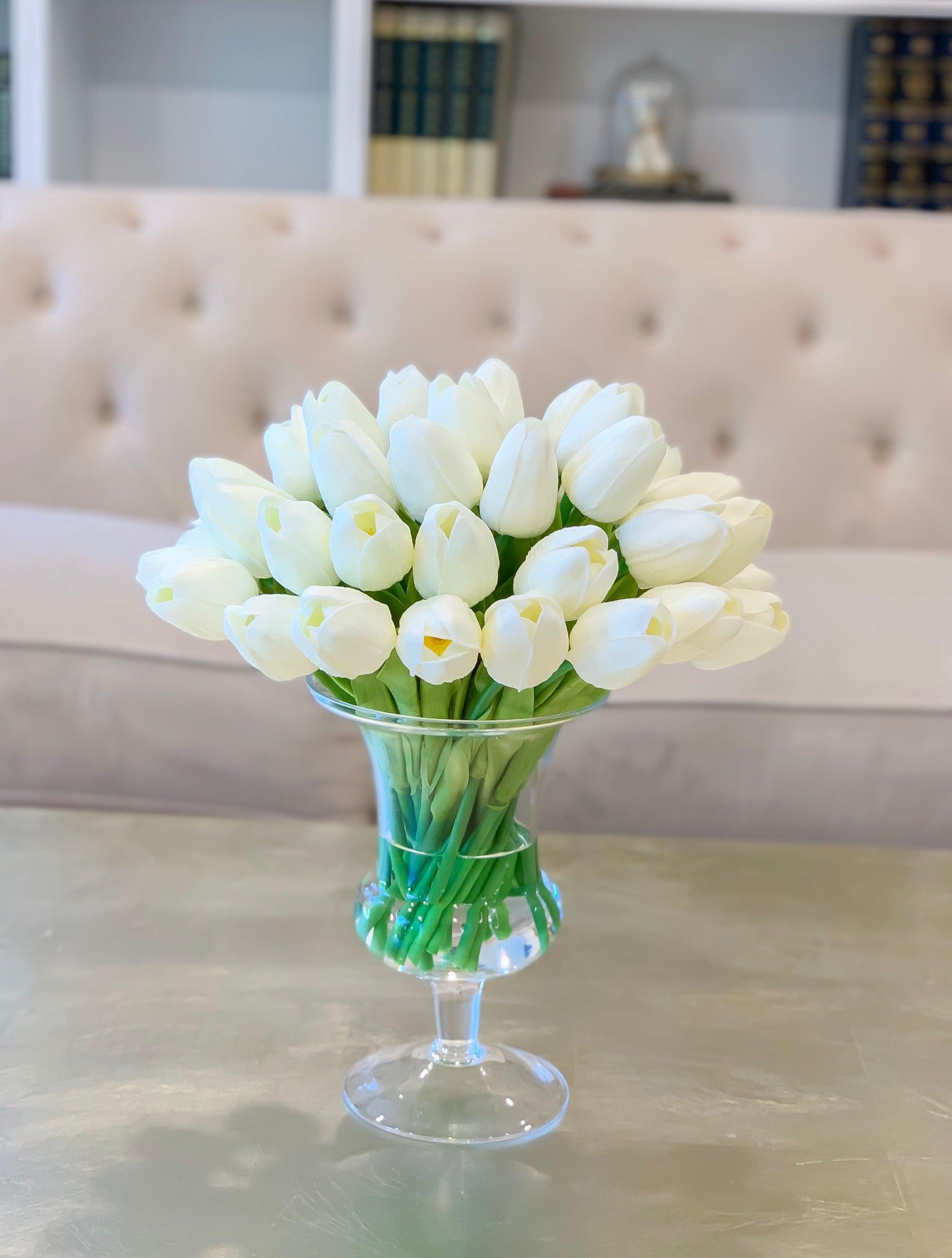 Real Touch White Tulips Centerpiece for Dining Table in Tall Vase- Faux Arrangement-Floral Arrangement - Flovery