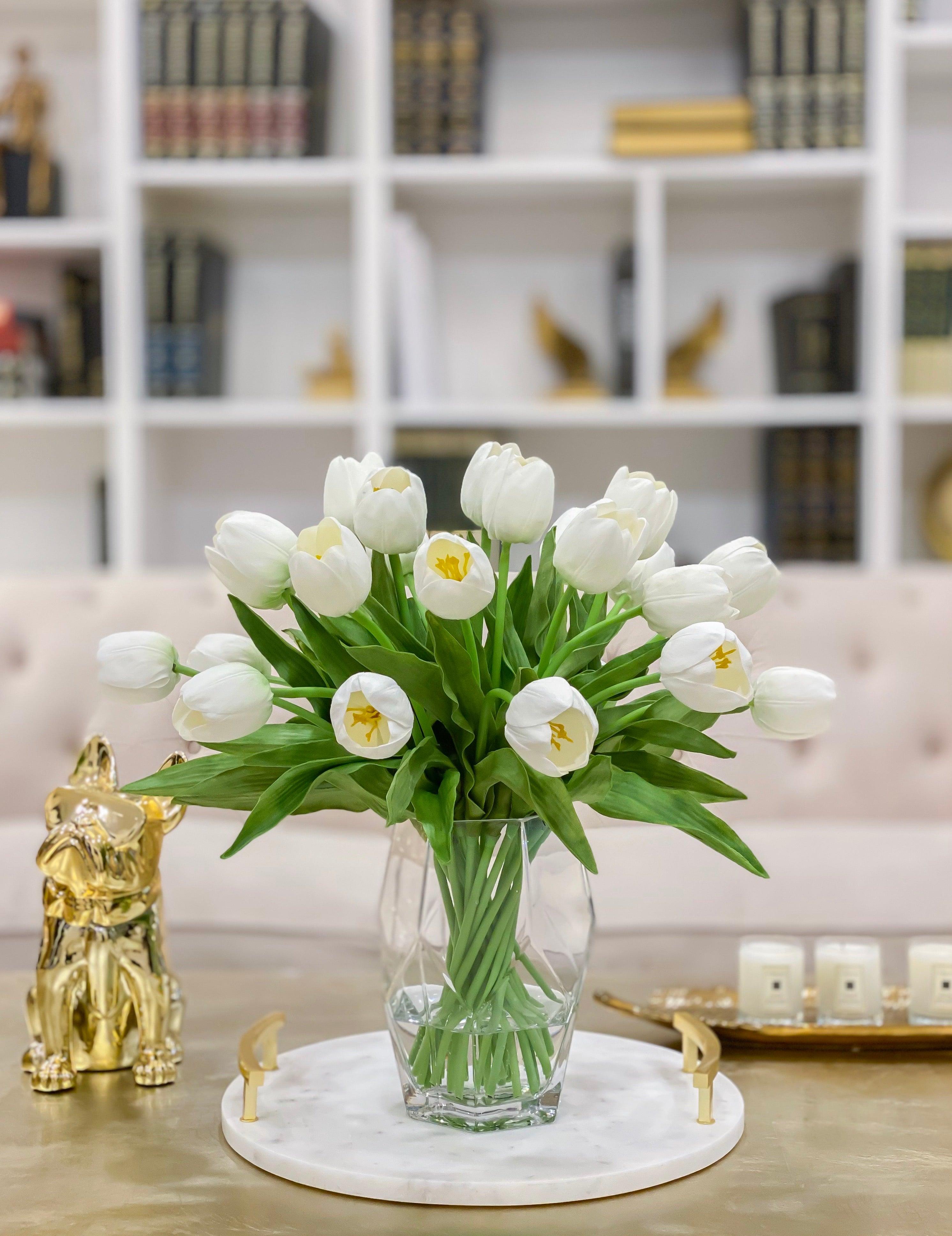 Large Real Touch Tulip Centerpiece in Prismatic Vase - Flovery Main image