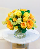 Yellow Artificial Arrangement-Silk Arrangement-Yellow Rose-Centerpiece -Faux Flowers Arrangement-Faux Hydrangea -Orange Roses - Flovery