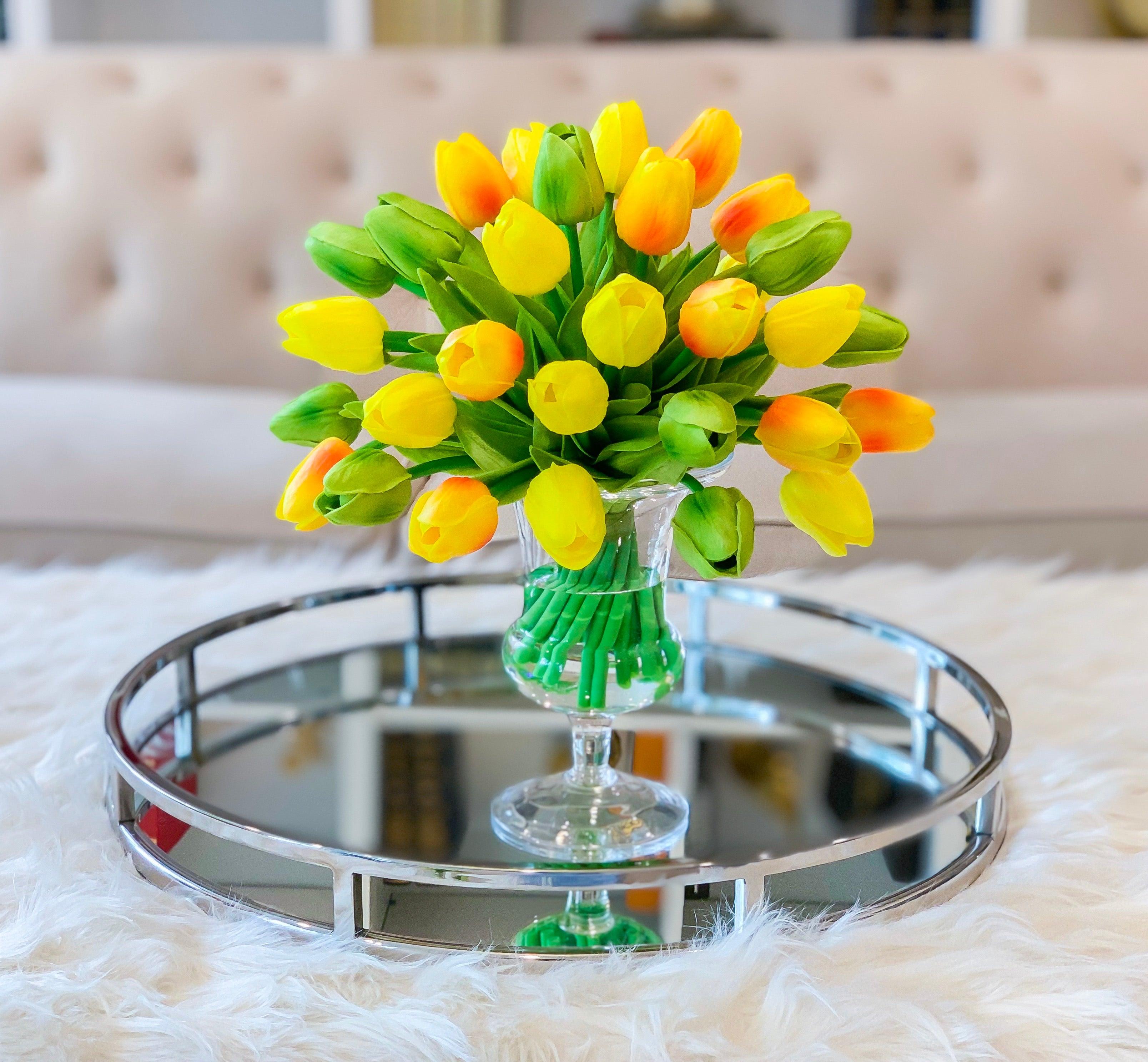 Faux Yellow Tulip Arrangement-Real Touch Centerpiece;Real Touch Tulip Centerpiece-Yellow Silk Tulip Arrangement in Acrylic Water - Flovery