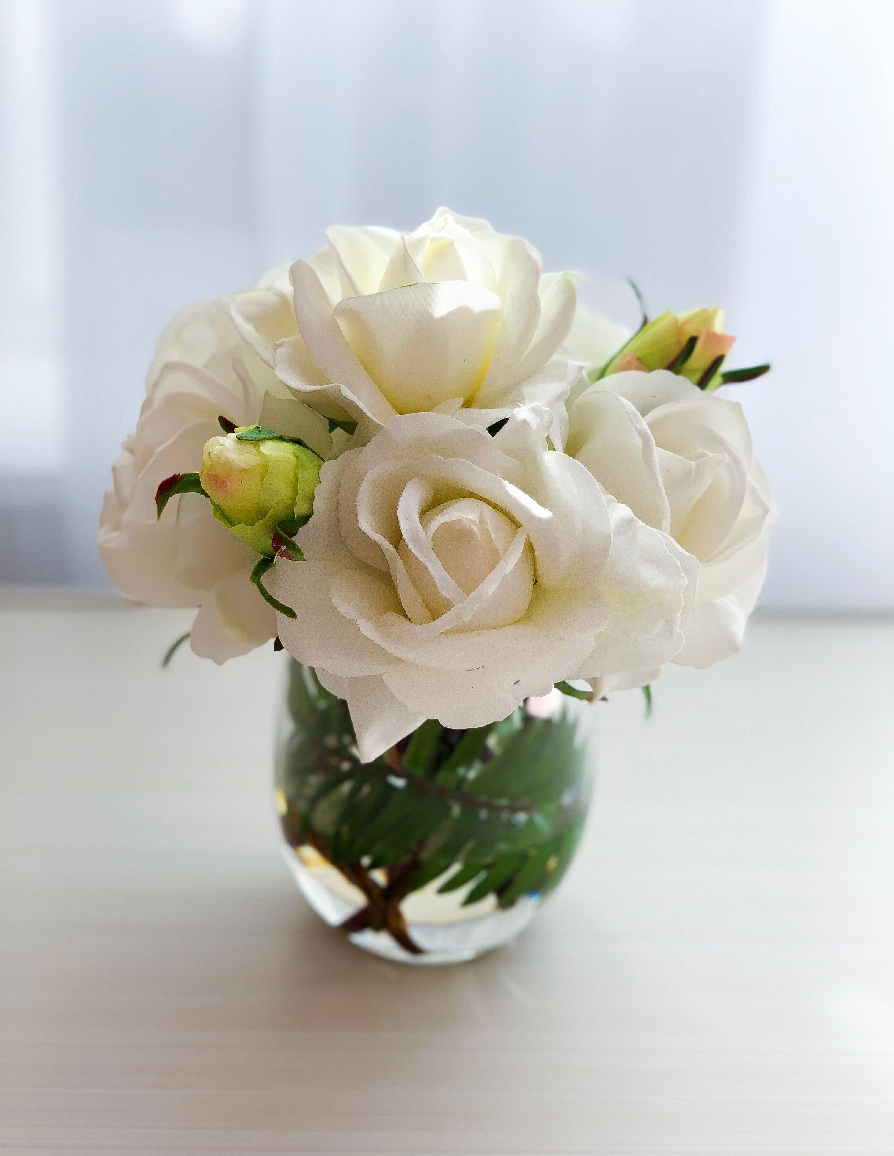 White Real Touch Roses Buds Arrangement - Flovery Main image