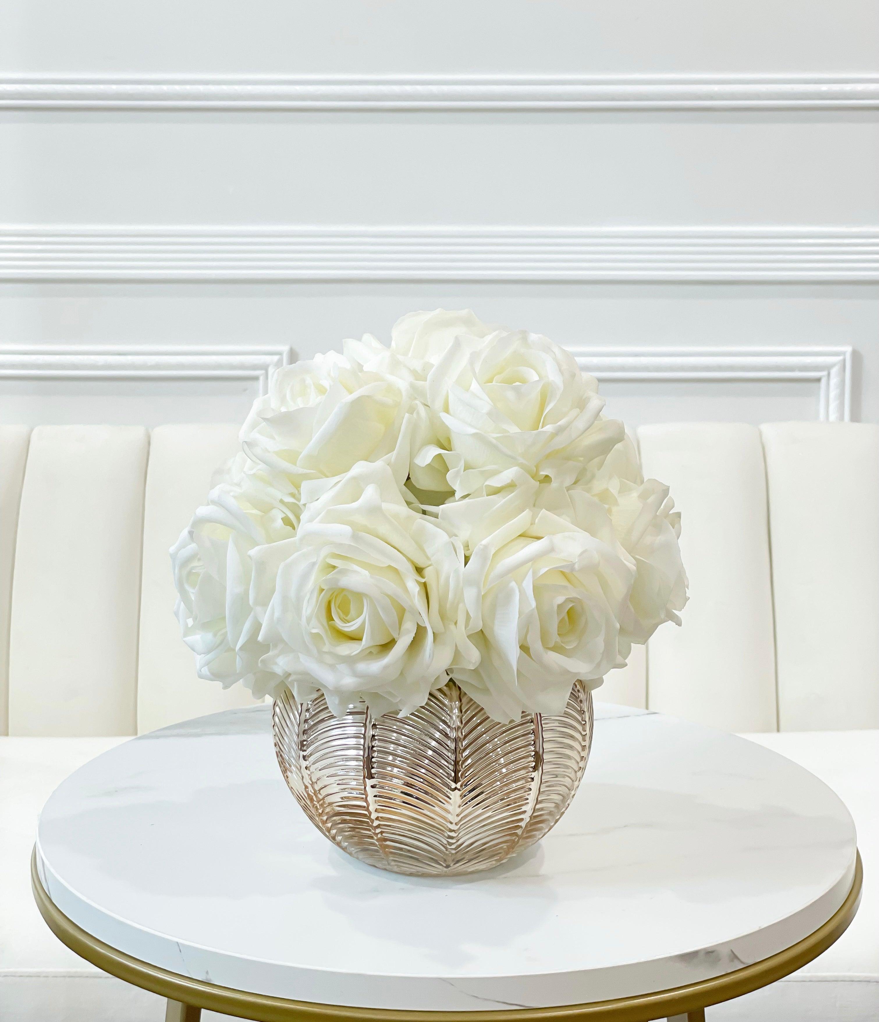 Medium Premium Real Touch White Rose Arrangement in Gold Vase - Flovery