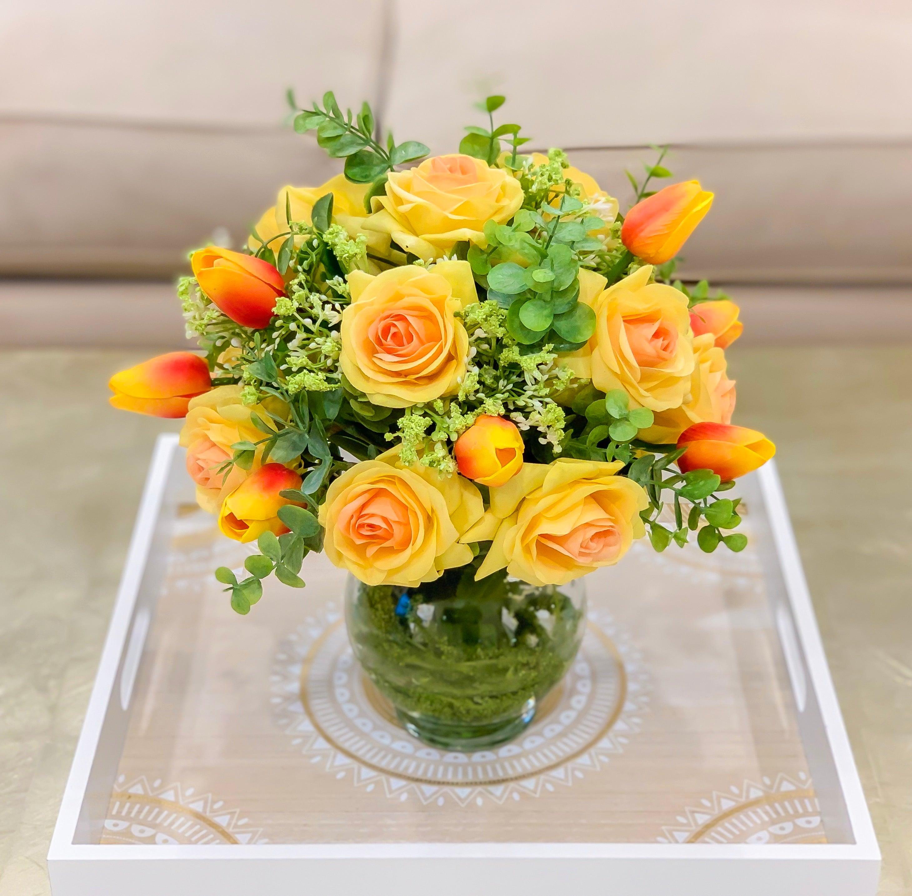 Real Touch Centerpiece-Faux Floral Arrangement- Yellow Centerpiece-Silk Flowers Arrangement-True Touch Rose Arrangements - Flovery