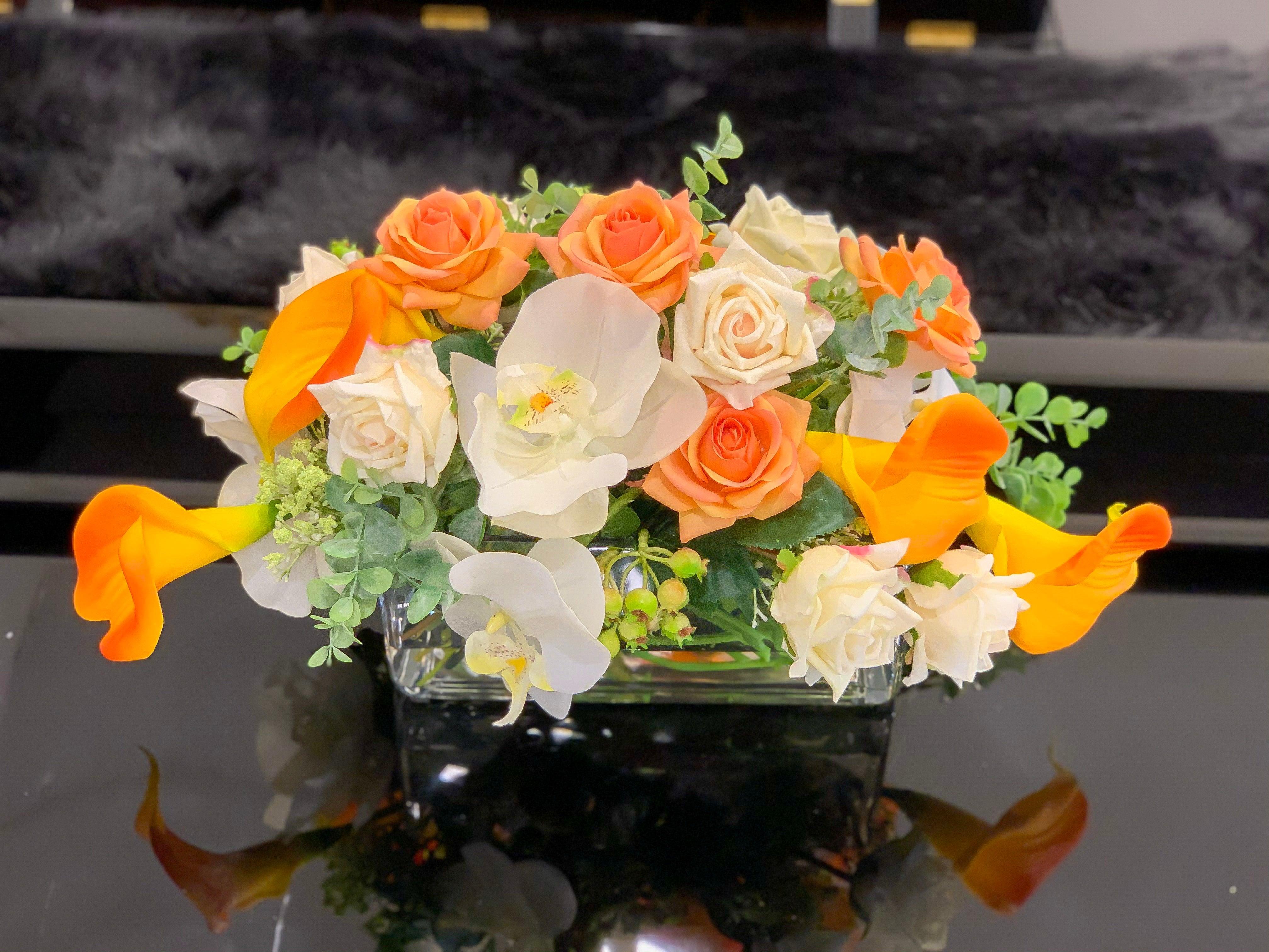 Large Real Touch Orange Calla Lily Mixed White Rose, Orchid Arrangement - Flovery