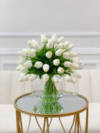 60 White Tulips Centerpiece Glass Vase - Flovery
