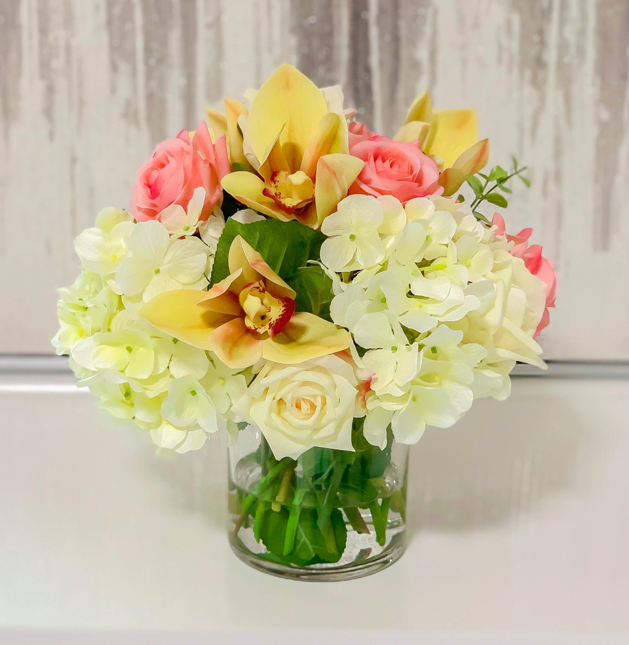 Real Touch Rose, Orchids Mixed With Finest Artificial White Hydrangea In Glass Vase - Home Decor - Flovery
