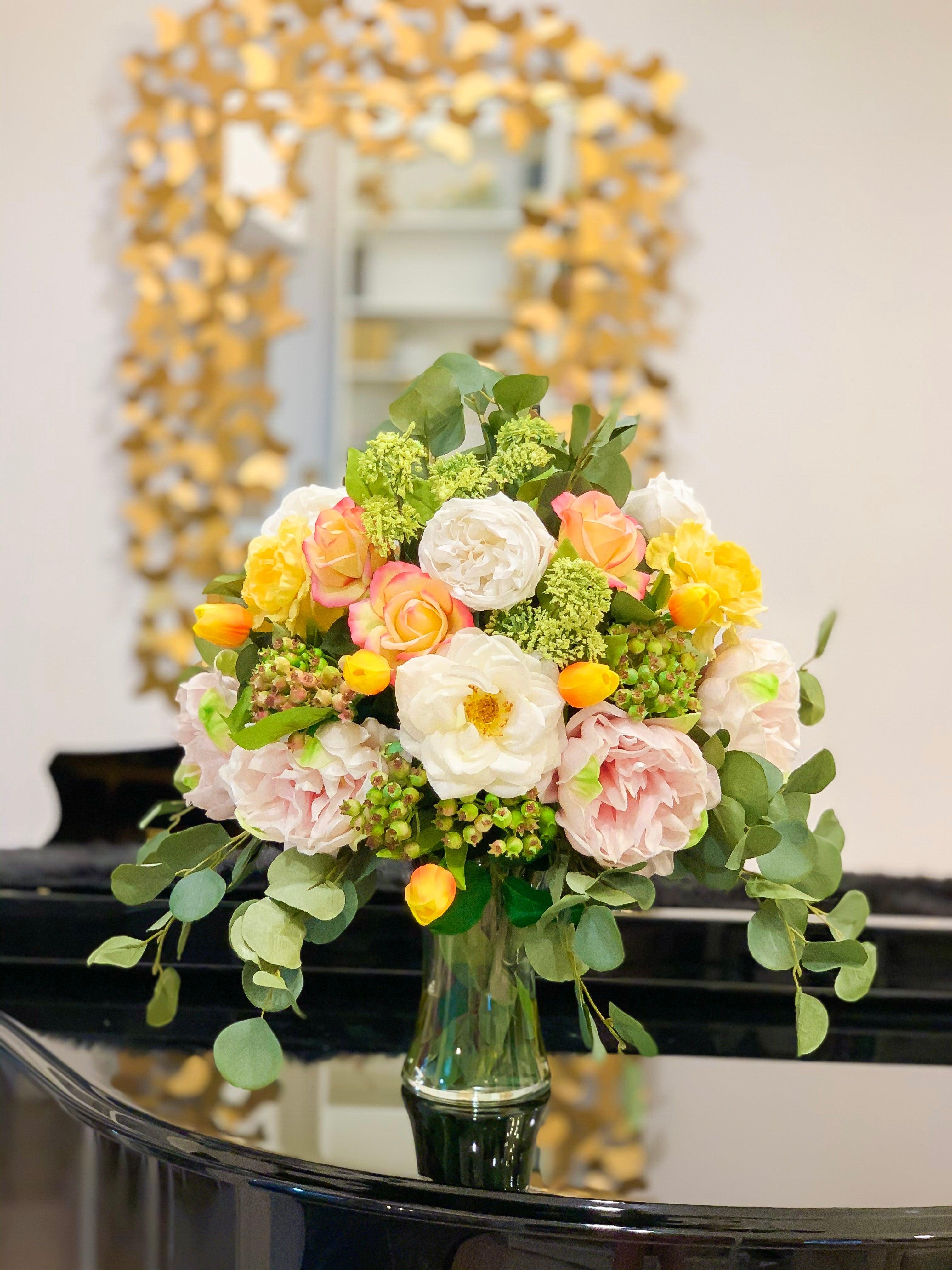 22" Large Real Touch Arrangement Rose Peony Tulip - Flovery Main image