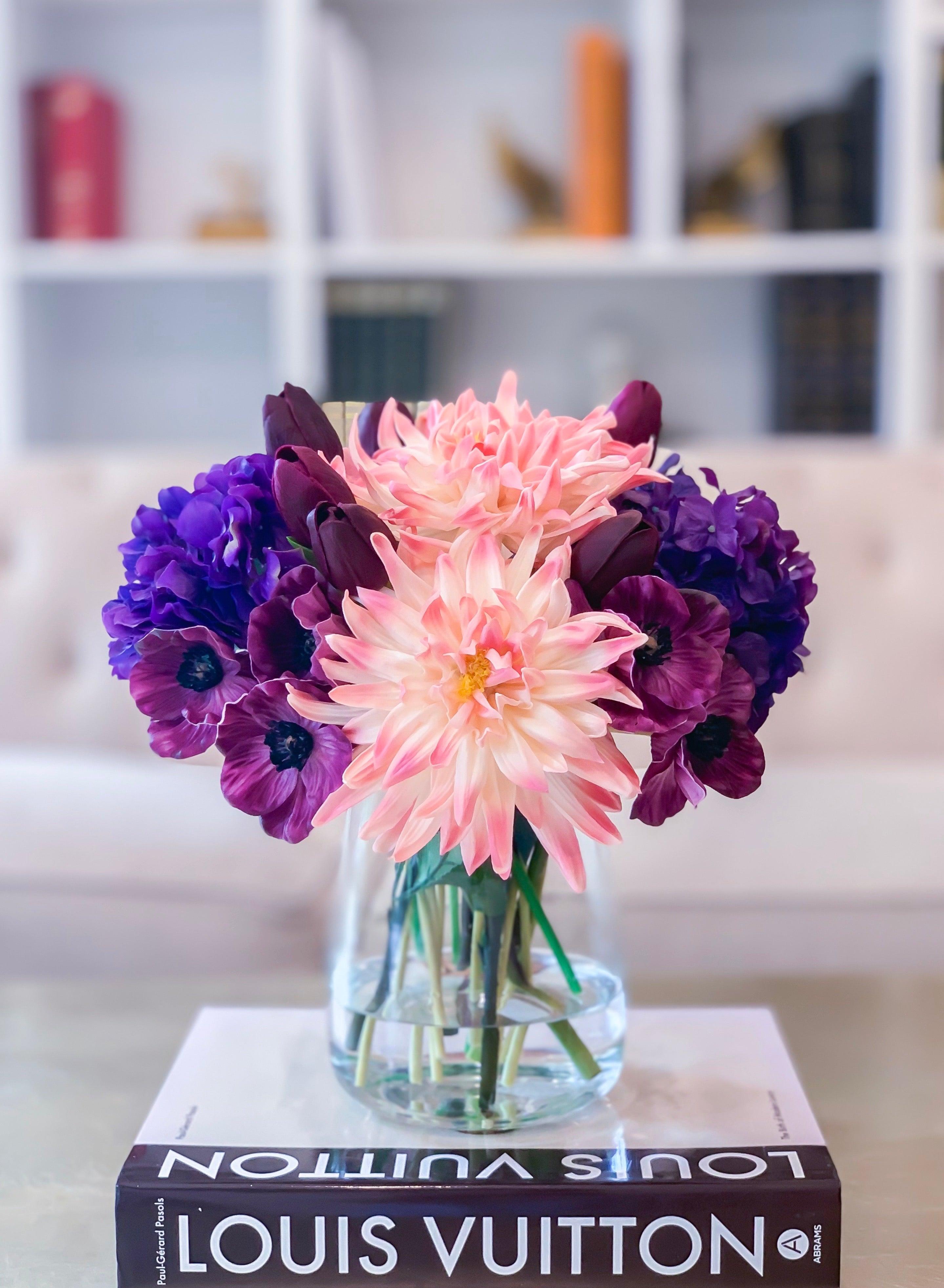 All Real Touch Pink Purple Poppies Dahlias Hydrangeas Arrangement-Purple Flowers Arrangement-Centerpiece Arrangement-Dahlias Arrangements - Flovery Main image