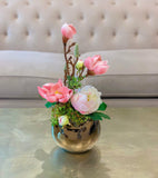 Spring Flowers Arrangement - Real Touch Magnolia With Finest Faux Peony In Gold Vase - Flovery