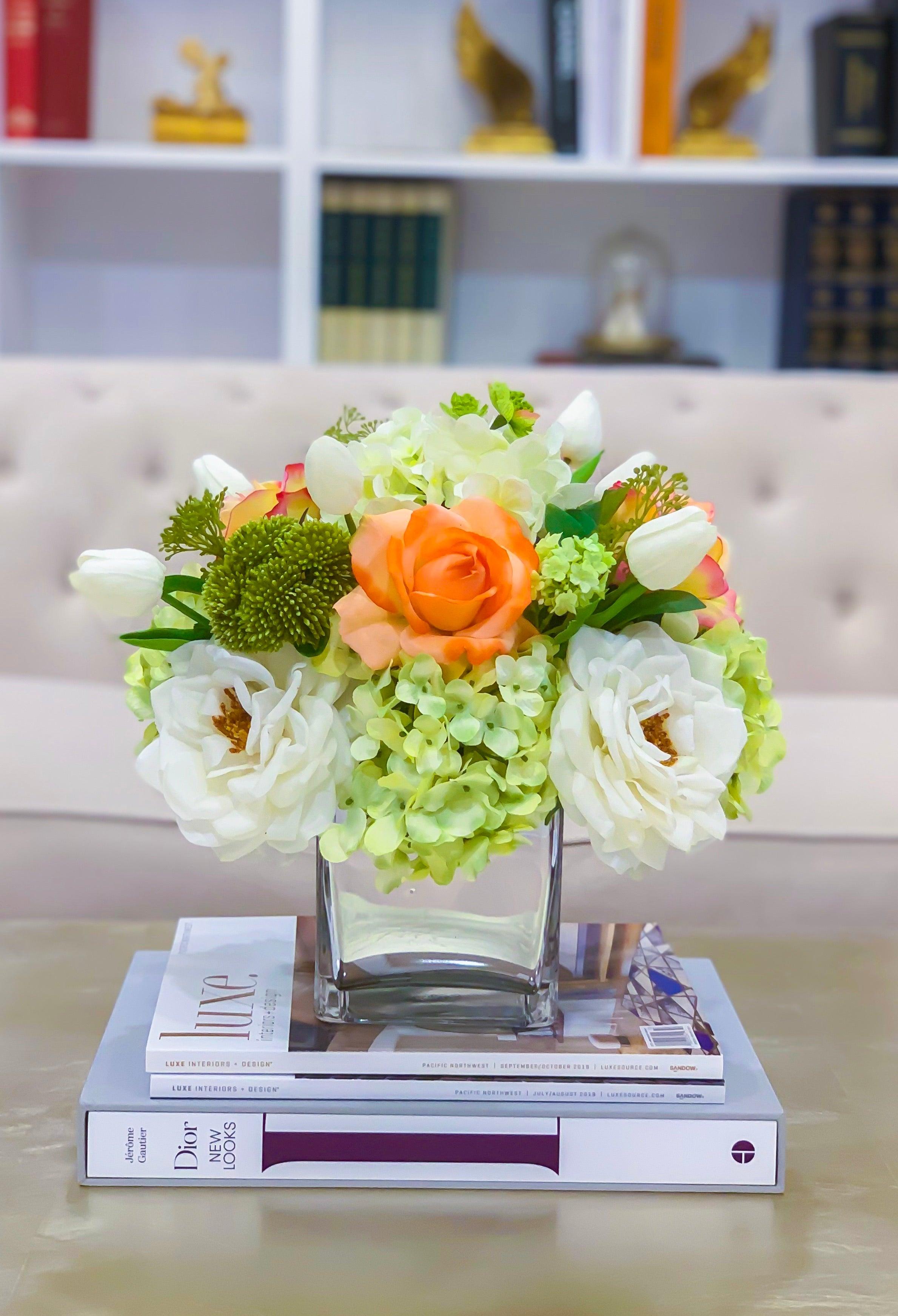 Large Real Touch Roses Tulip Silk Hydrangea Square Arrangement - Flovery Main image