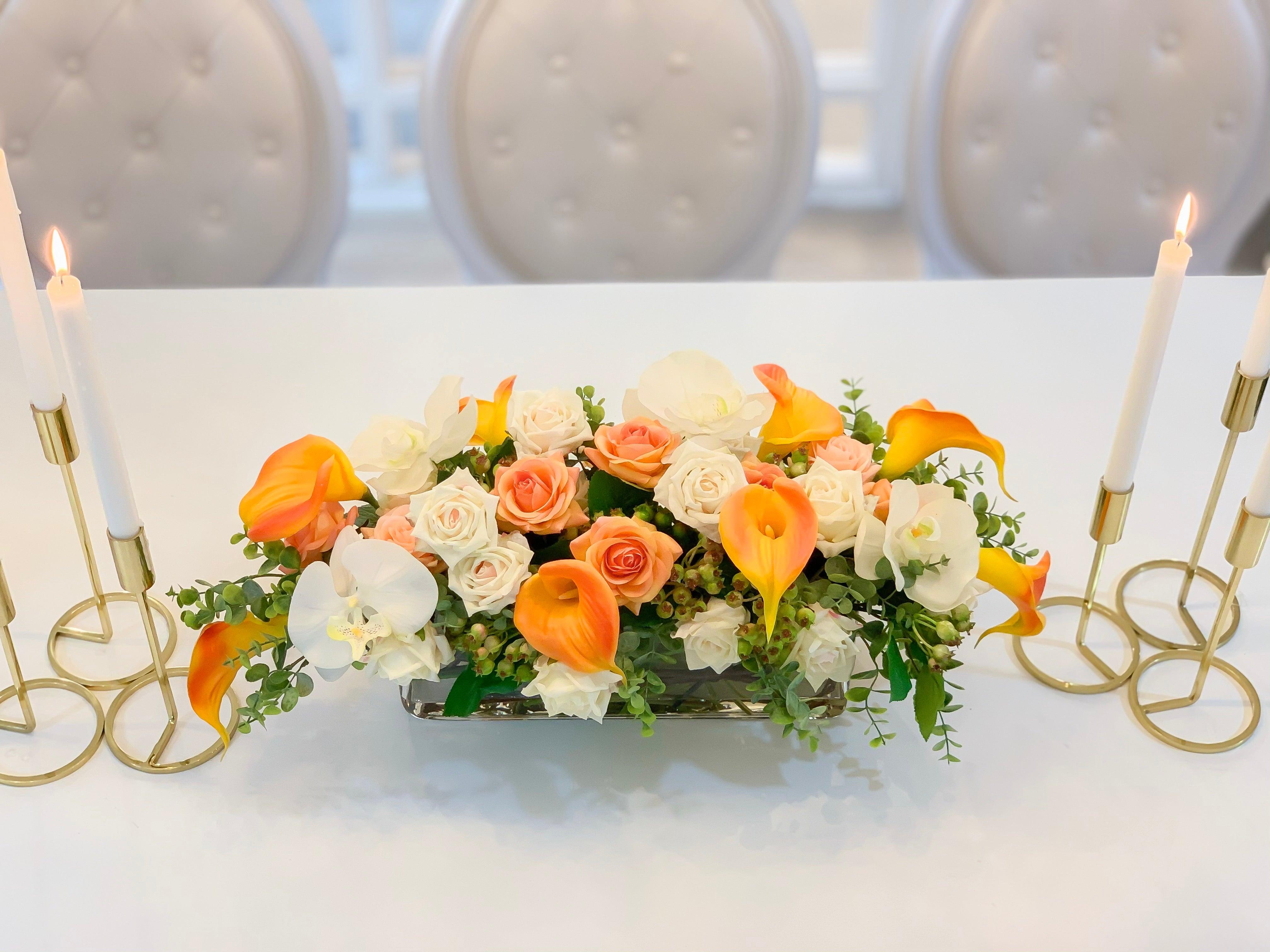 25" Large Real Touch Orange Calla Lily Mixed White Rose, Orchid Arrangement- 0range/White Real Touch Flowers Arrangement-Fall Centerpieces - Flovery Main image