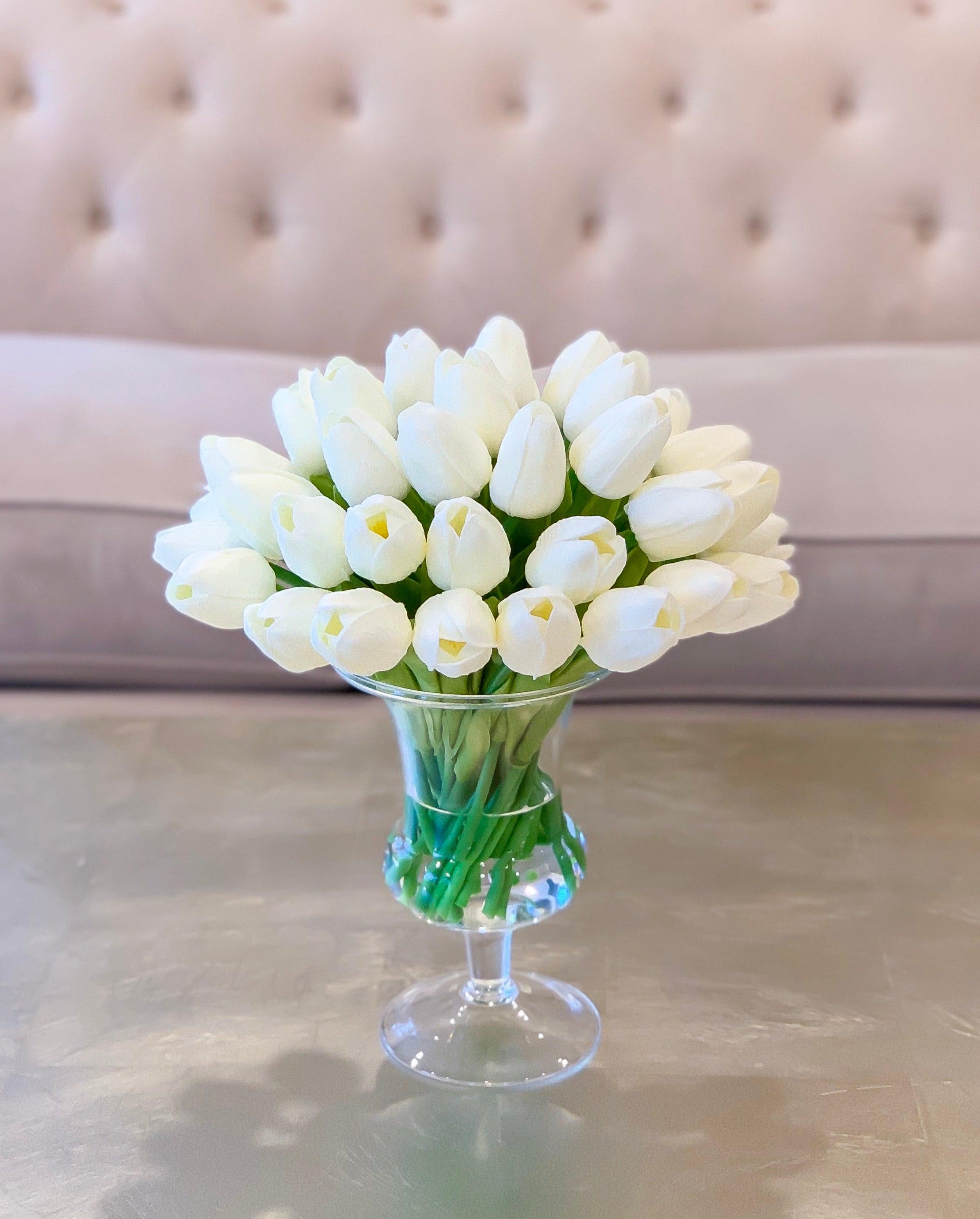 Real Touch White Tulips Centerpiece for Dining Table in Tall Vase- Faux Arrangement-Floral Arrangement - Flovery Main image