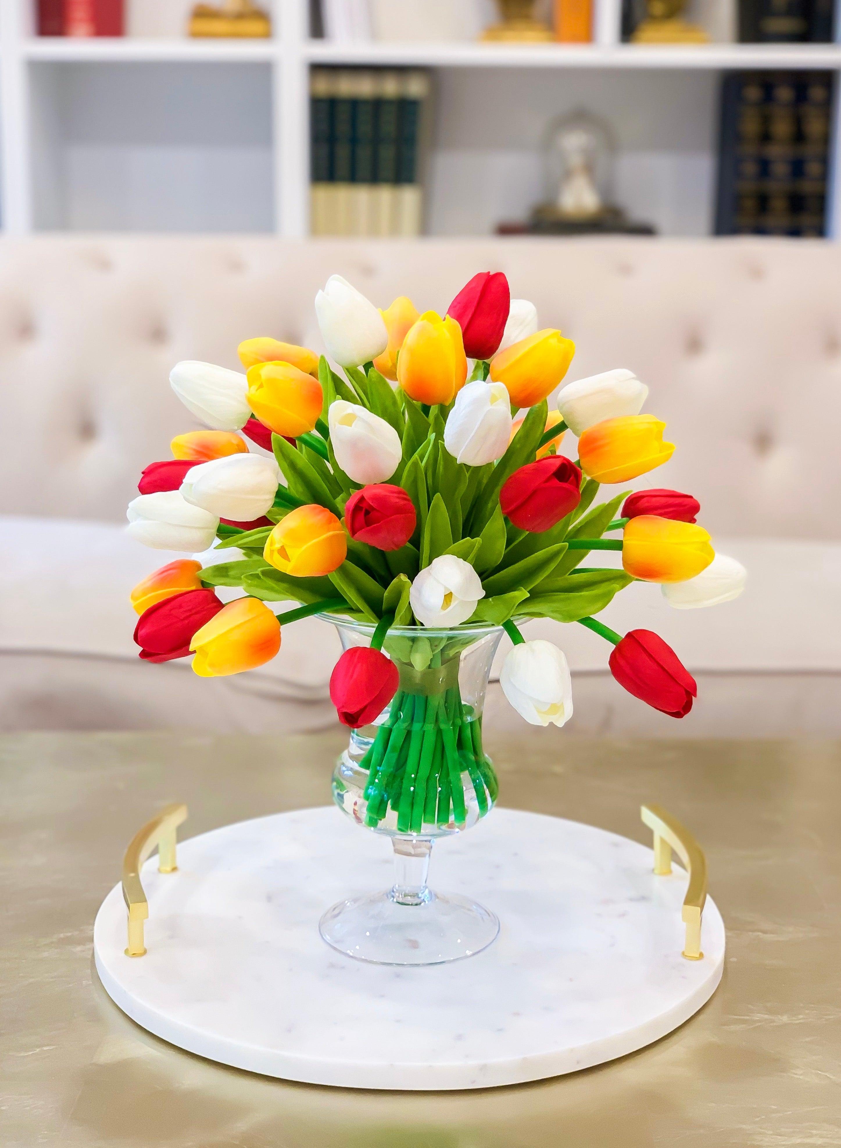 Real Touch Flowers Centerpiece-Real Touch Tulip Arrangement-Faux Tulip Arrangement-Silk Tulip-Red Tulips-White Tulip-Yellow Orange Tulips - Flovery