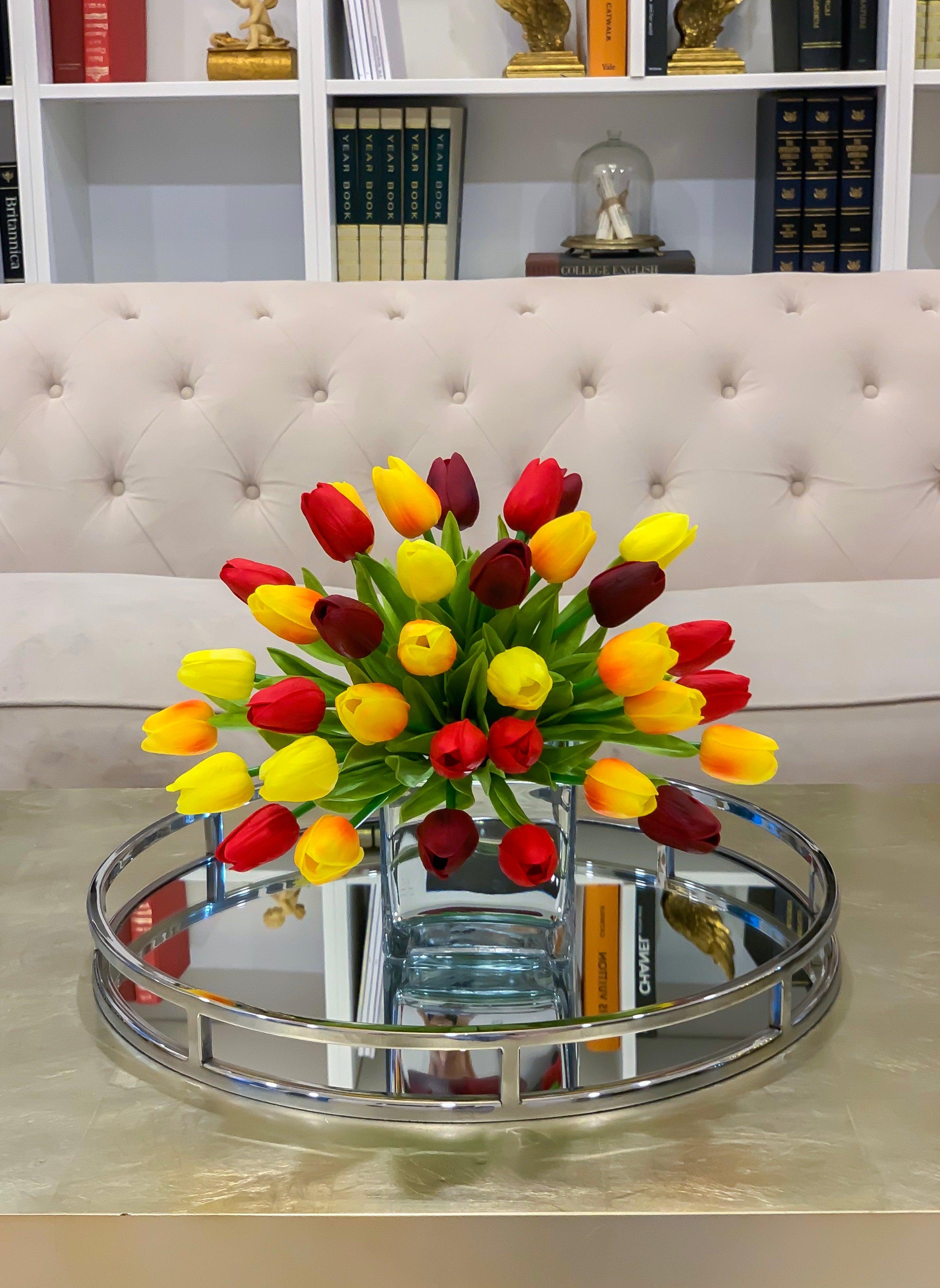 Faux Real Touch Arrangement-Tulips Centerpiece for Dining Table-Red Tulip-Orange Tulip-Yellow Tulip-Arrangement-Real Touch Tulip Arrangement - Flovery