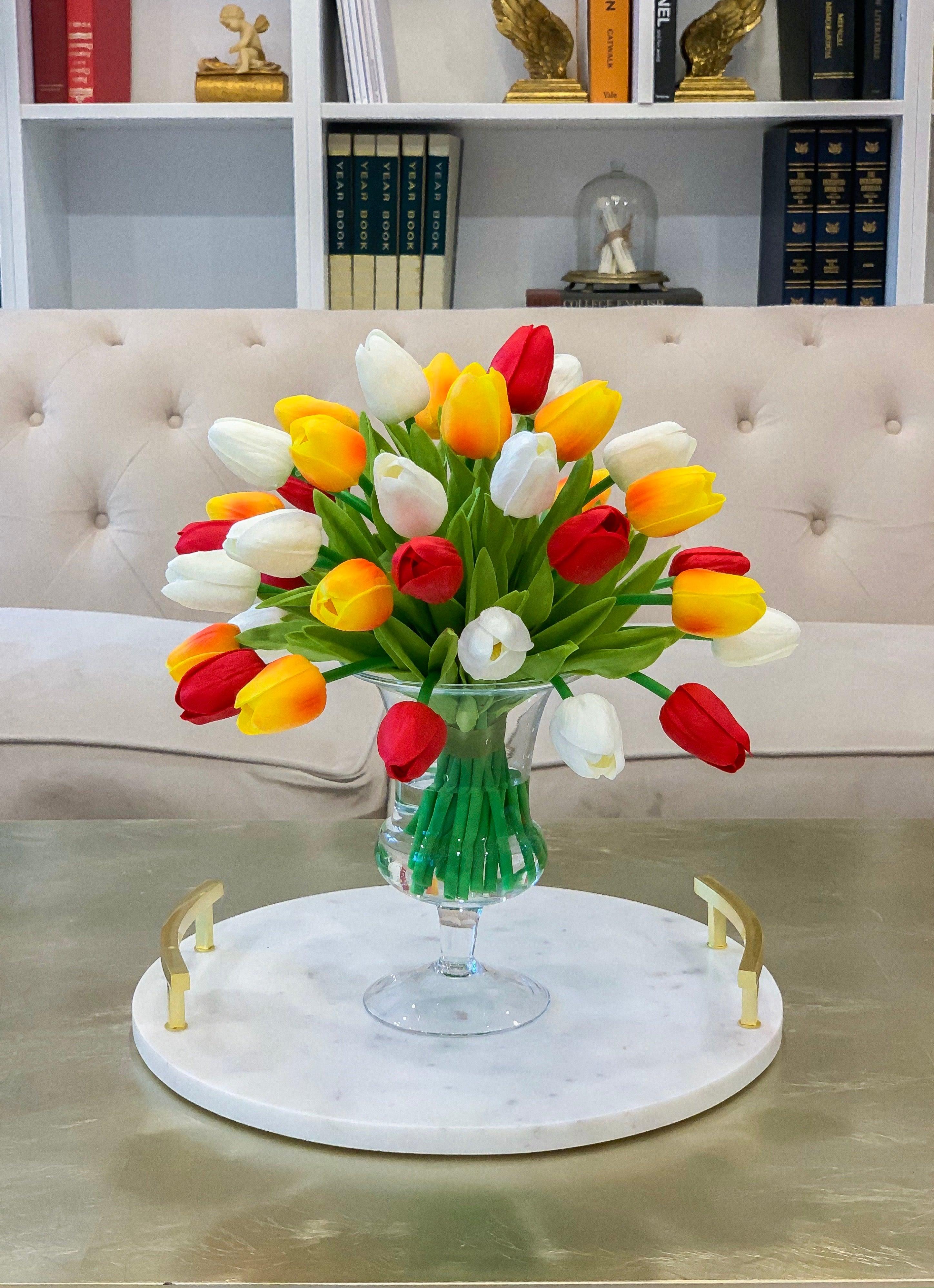 Real Touch Flowers Centerpiece-Real Touch Tulip Arrangement-Faux Tulip Arrangement-Silk Tulip-Red Tulips-White Tulip-Yellow Orange Tulips - Flovery