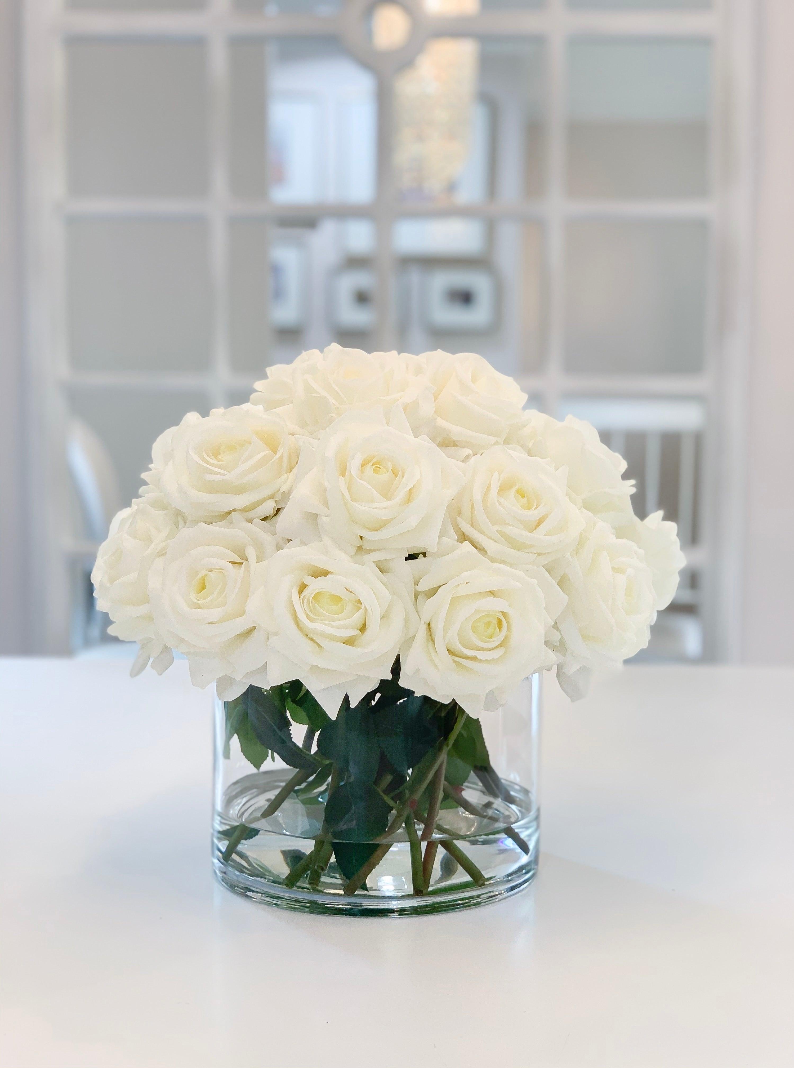Giant White Rose Real Touch Flower Arrangement In Vase-Large Dining Table Centerpiece-White Real Touch Floral Arrangement Home Decor - Flovery Main image