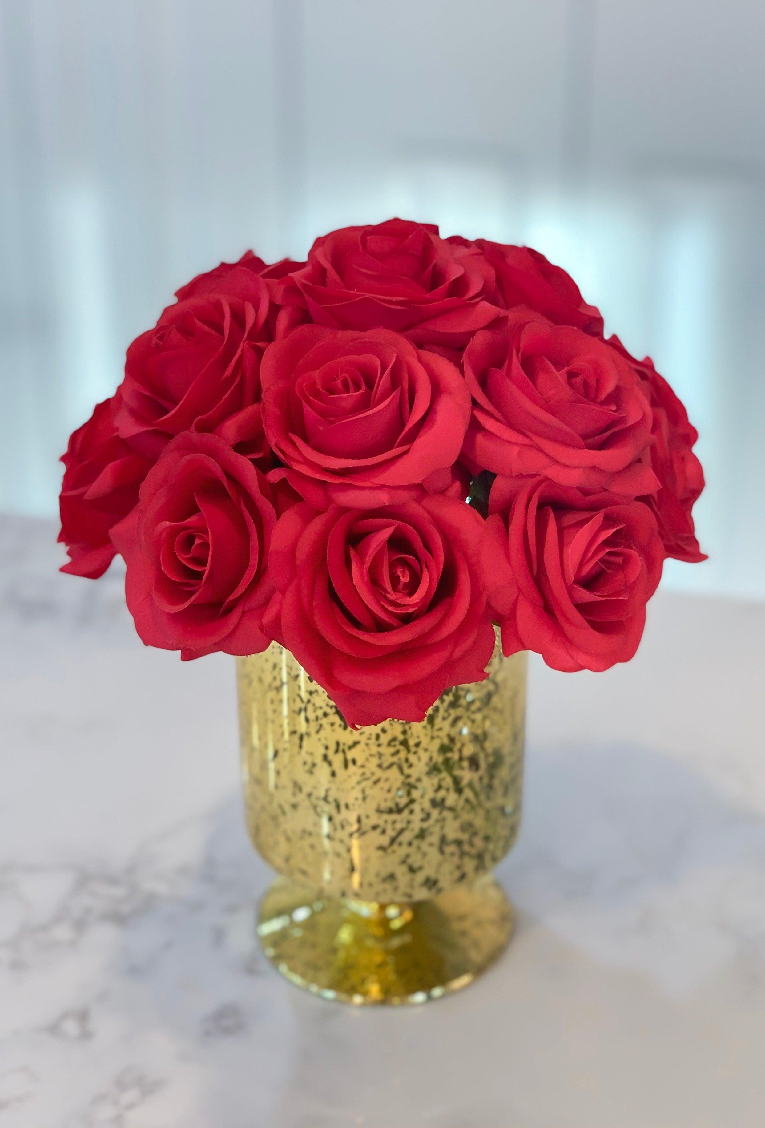 Real Touch Red Rose Arrangement In Gold Vase - Home Decor - Centerpiece - Flovery