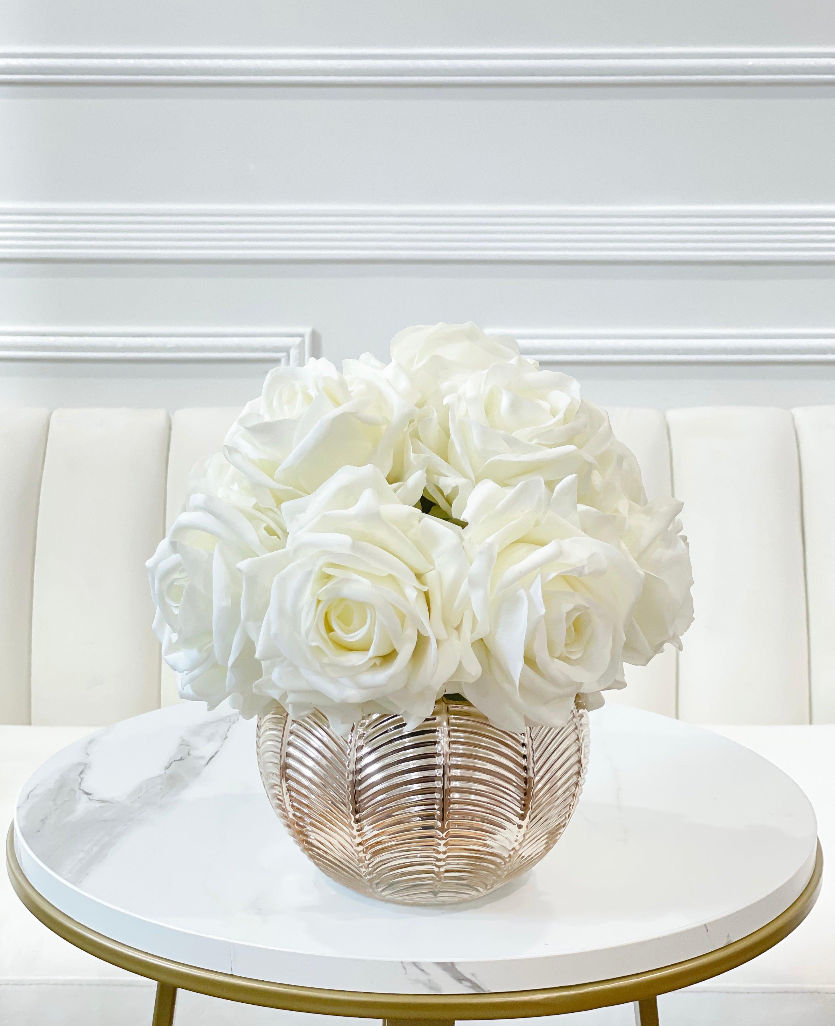 Medium Premium Real Touch White Rose Arrangement in Gold Vase - Flovery