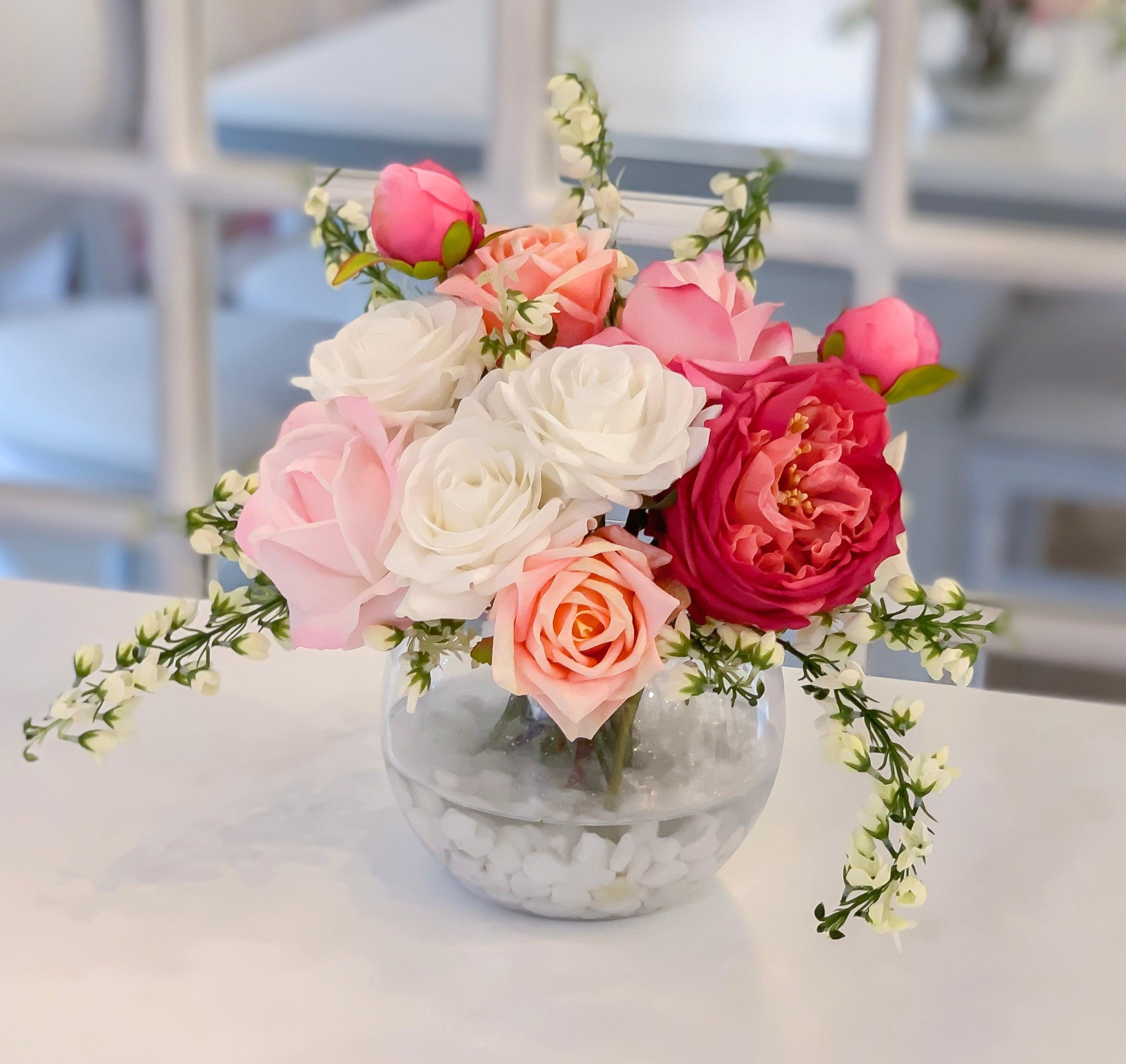 Real Touch Centerpiece English Magenta Roses Arrangement Mixed Pink Rose, White roses, Flowers Centerpiece - Flovery