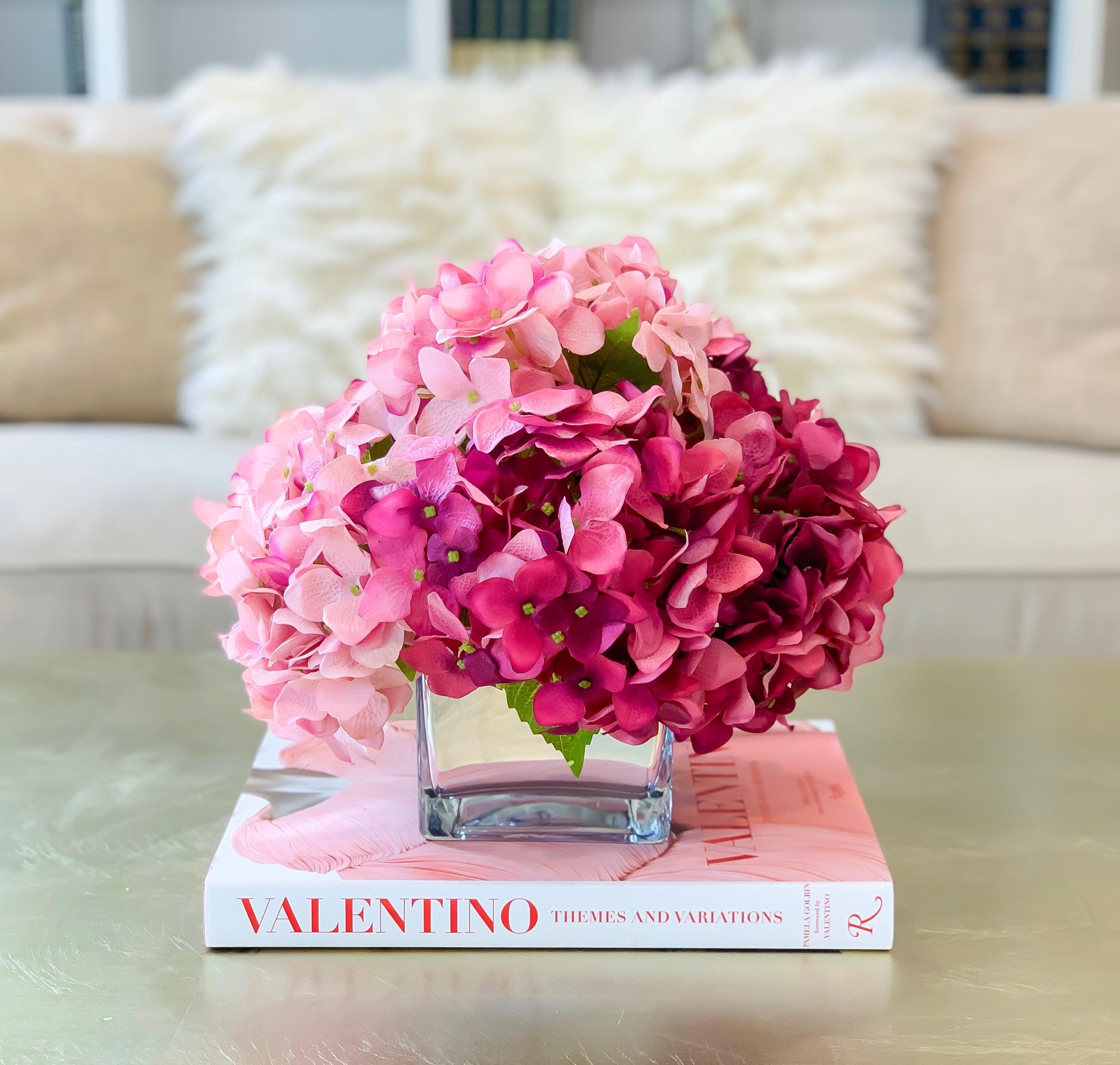 Faux Pink Hydrangeas Arrangement in Glass Vase Secondary image
