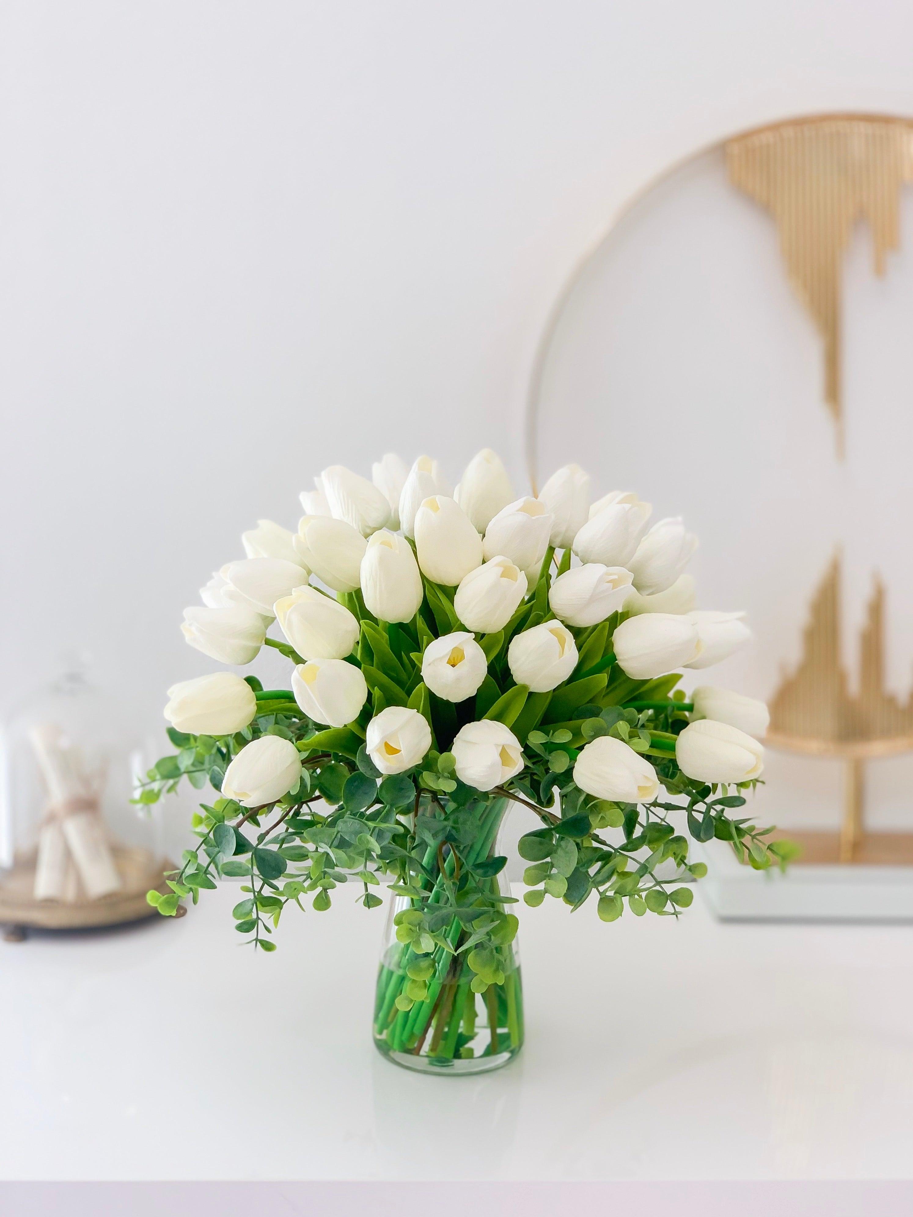 Real Touch Tulip Arrangement-White Tulip Centerpiece-Real Touch Flower Arrangement-Silk Flower Arrangement-Artificial Flower-Faux Flower - Flovery Main image