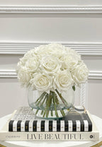 Real Touch White Rose Centerpiece Round Vase - Flovery