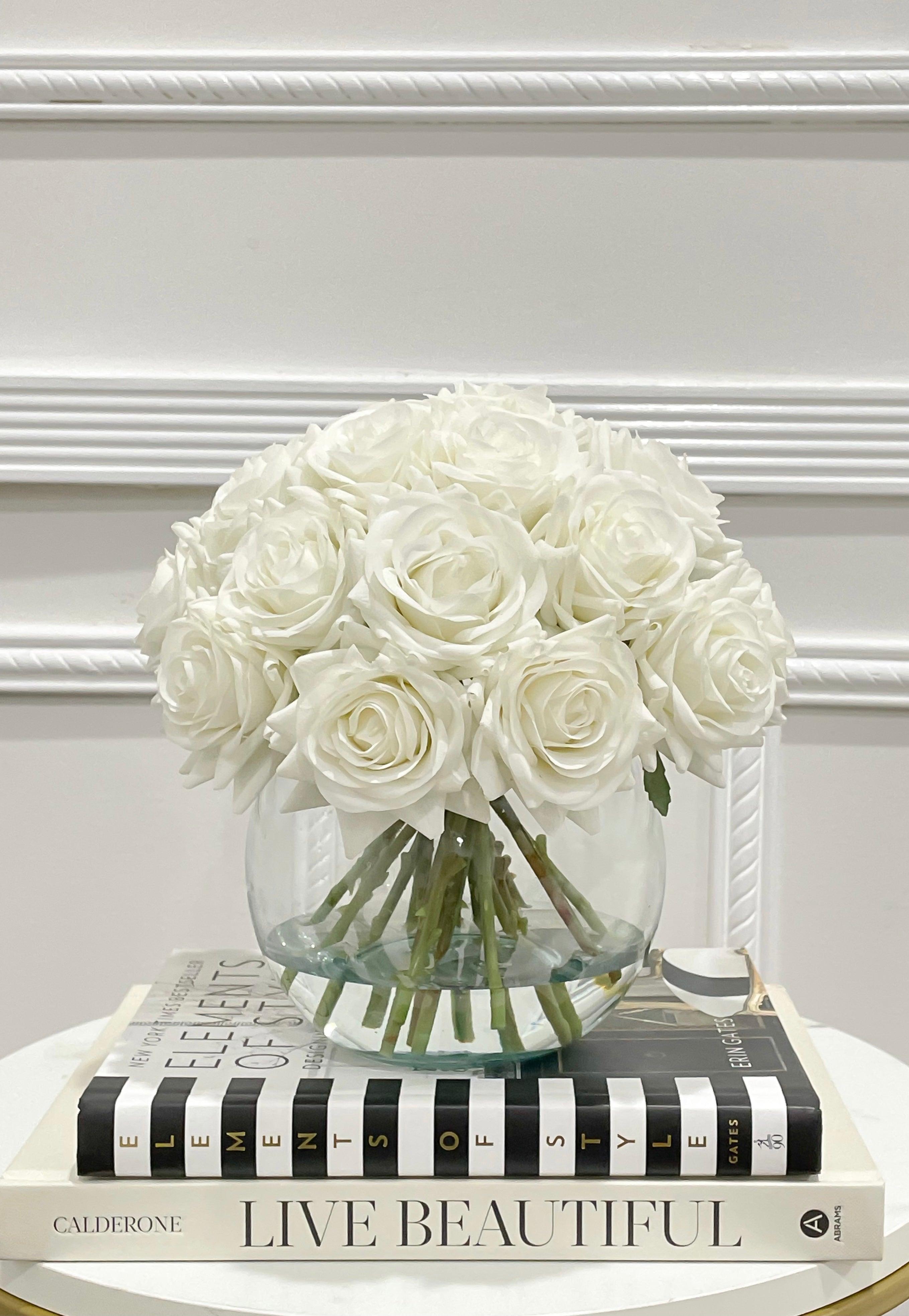 Real Touch White Rose Centerpiece Round Vase - Flovery