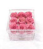 9 PREMIUM ECUADOR PRESERVED SWEET PINK ROSES ARRANGEMENT IN JEWELRY ACRYLIC BOX WITH DRAWER - Flovery