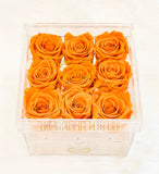 Premium Ecuador preserved orange roses in elegant acrylic box - Flovery