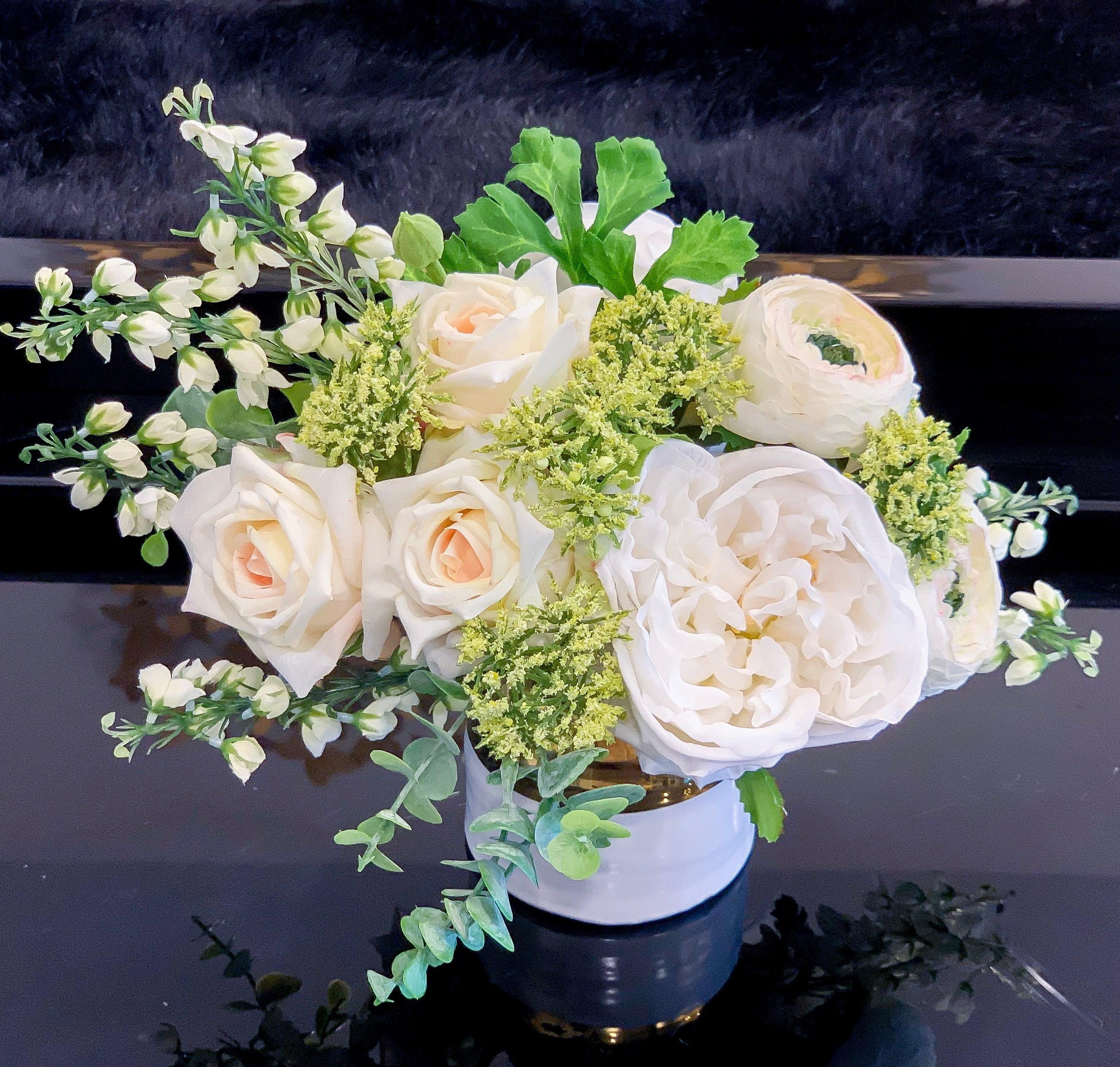 Real Touch Rose Silk Ranunculous Ceramic White Gold Vase Secondary image
