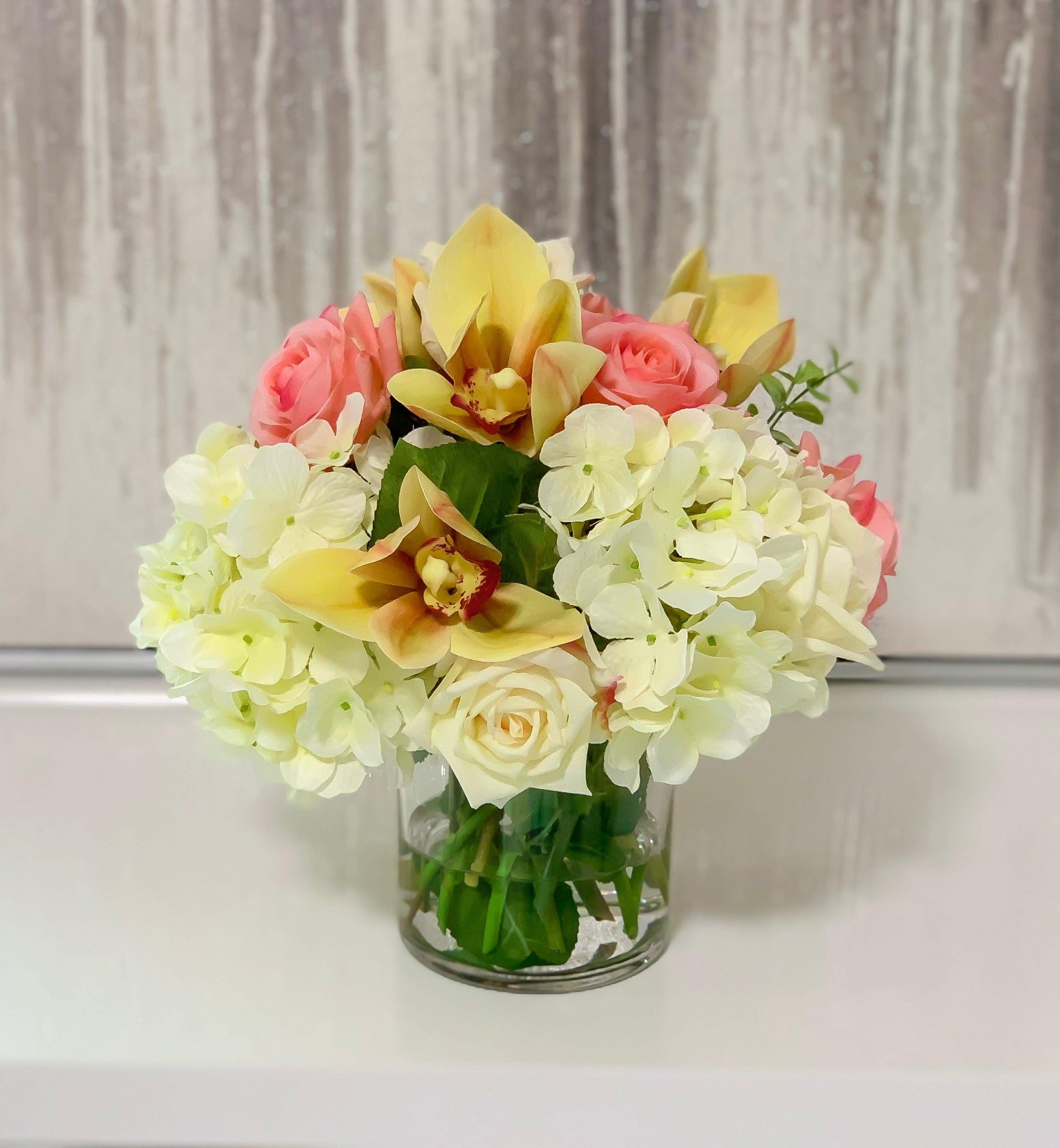 Real Touch Rose, Orchids Mixed With Finest Artificial White Hydrangea In Glass Vase - Home Decor - Flovery Main image