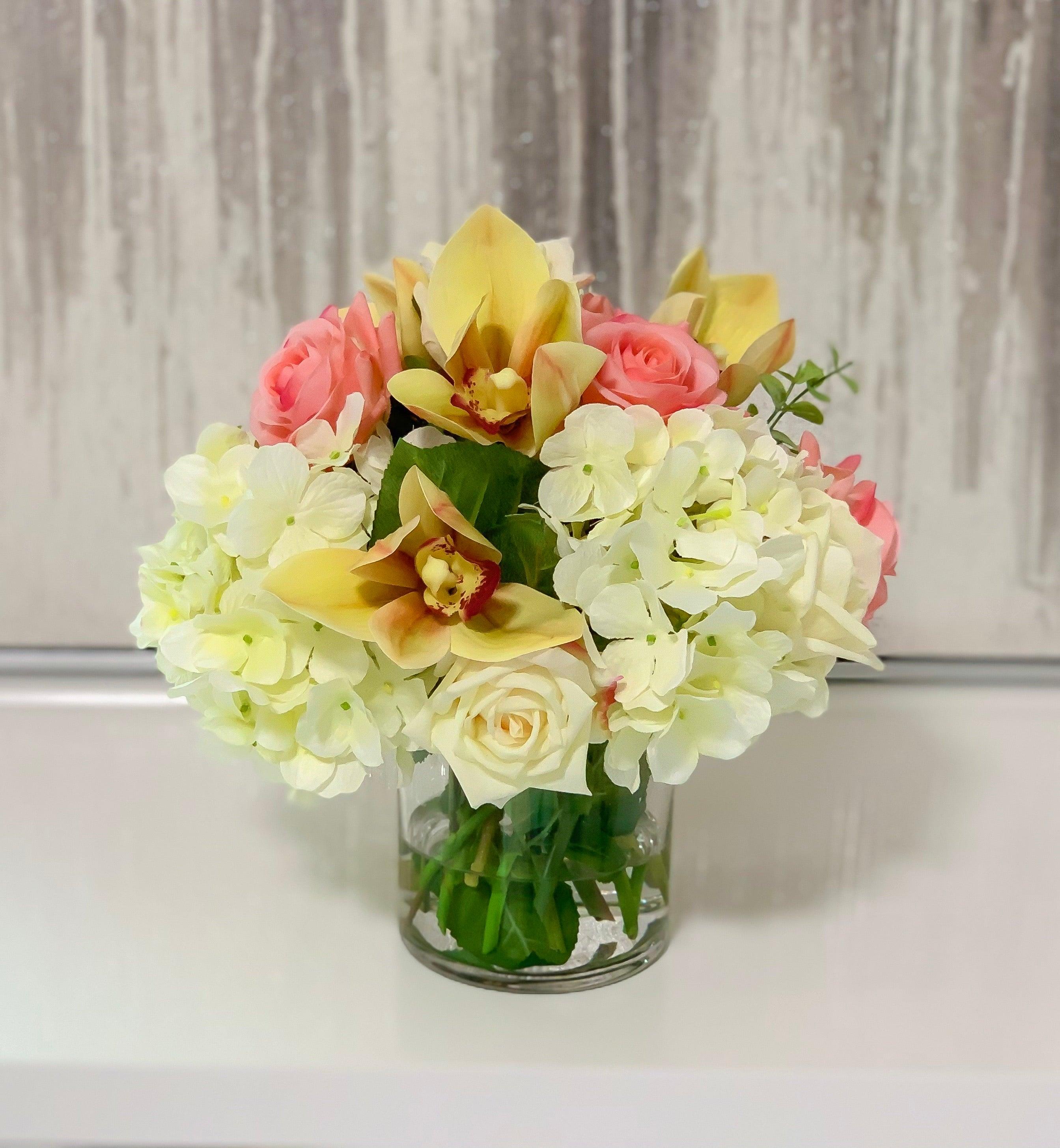 Real Touch Rose, Orchids Mixed With Finest Artificial White Hydrangea In Glass Vase - Home Decor - Flovery