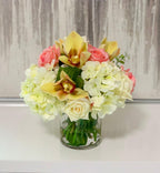 Real Touch Rose, Orchids Mixed With Finest Artificial White Hydrangea In Glass Vase - Home Decor - Flovery