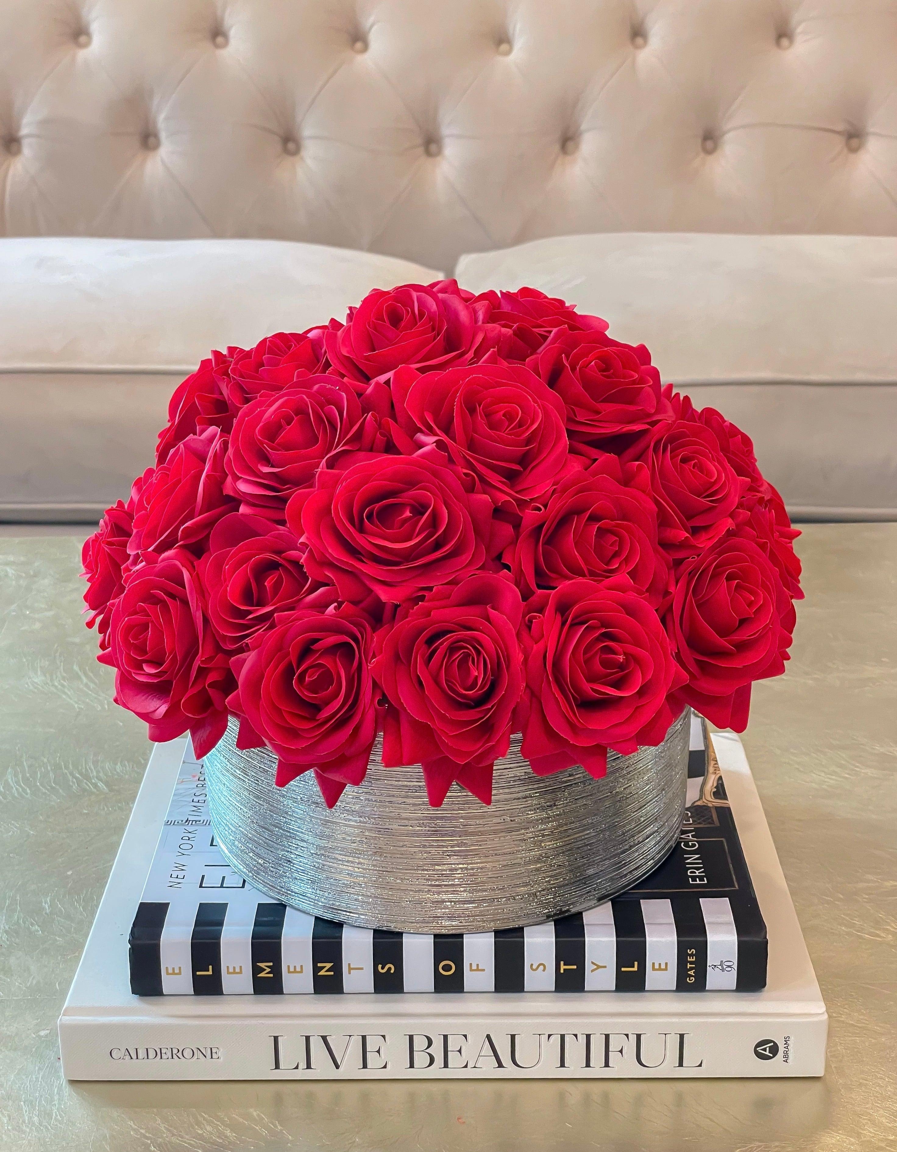 Dome Shape Real Touch Roses Arrangement in Silver Vase - Flovery Main image