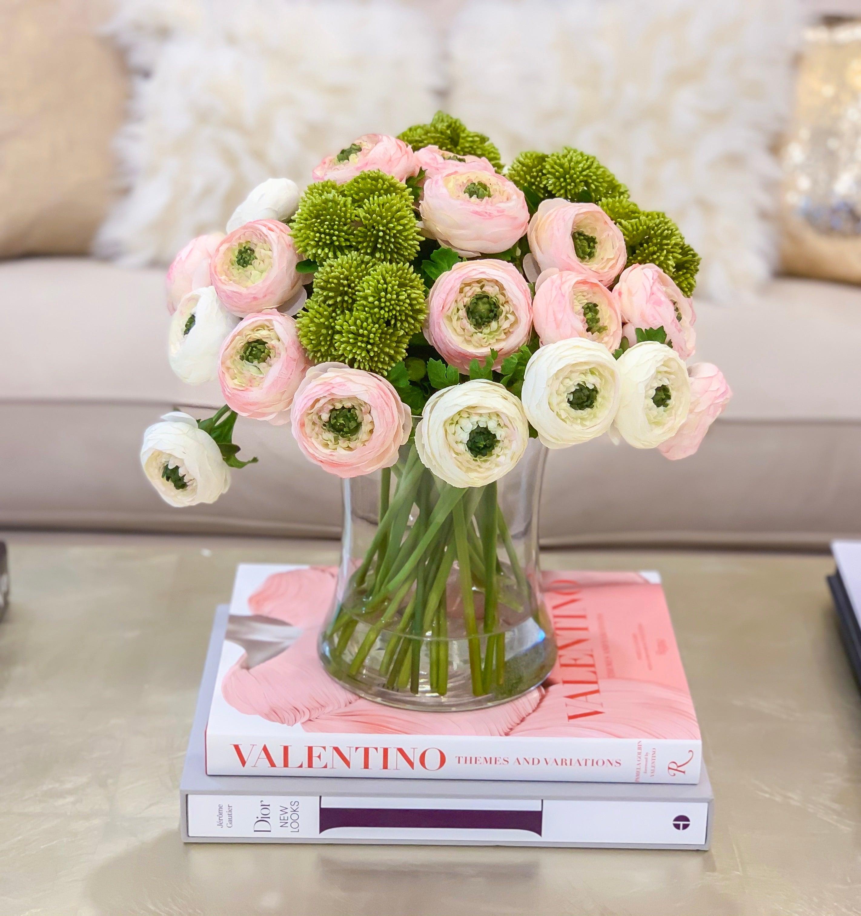 Large Elegant Finest Artificial Ranunculous Arrangement  In Glass Vase - Flovery Main image