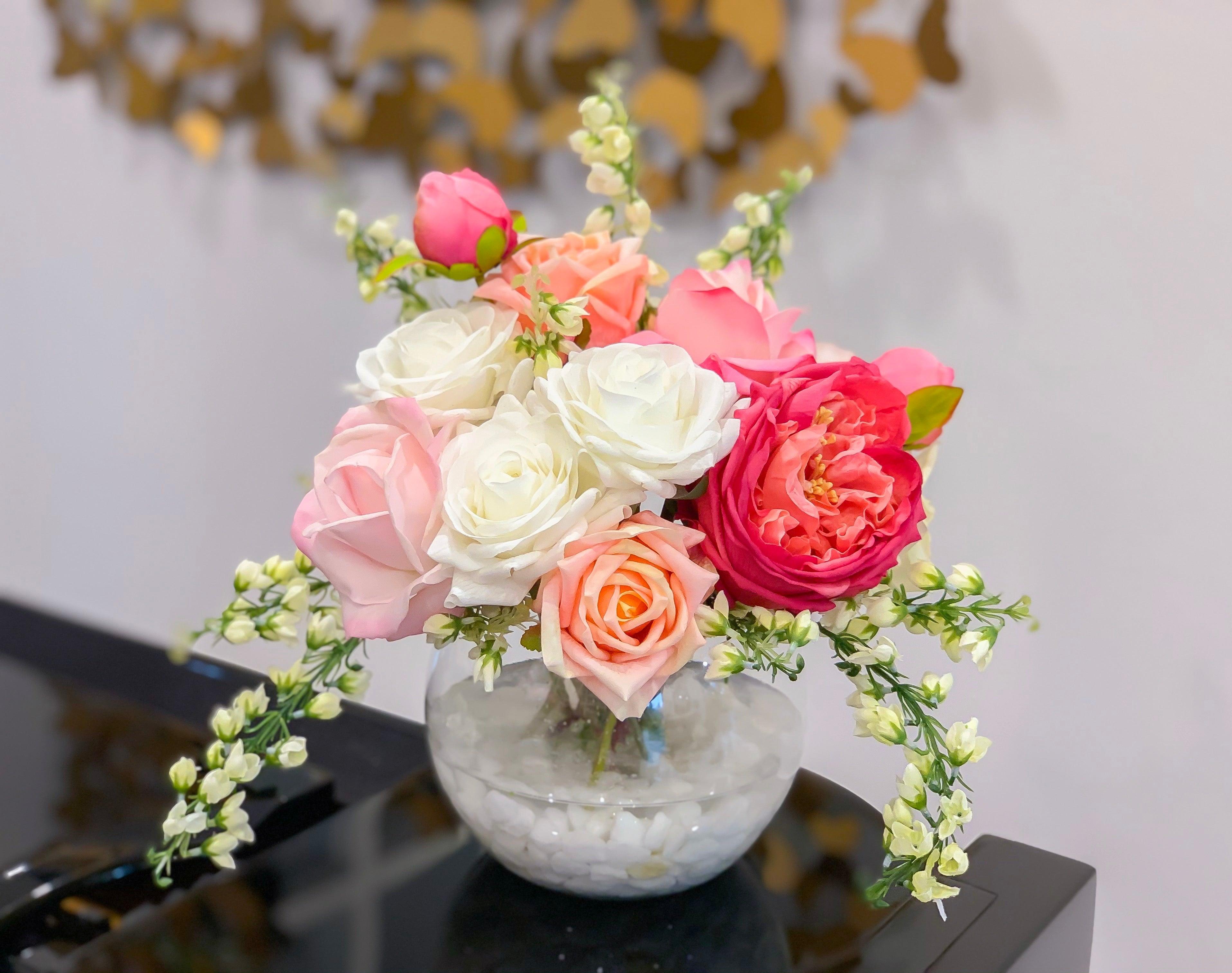 Real Touch Centerpiece English Magenta Roses Arrangement Mixed Pink Rose, White roses, Flowers Centerpiece - Flovery