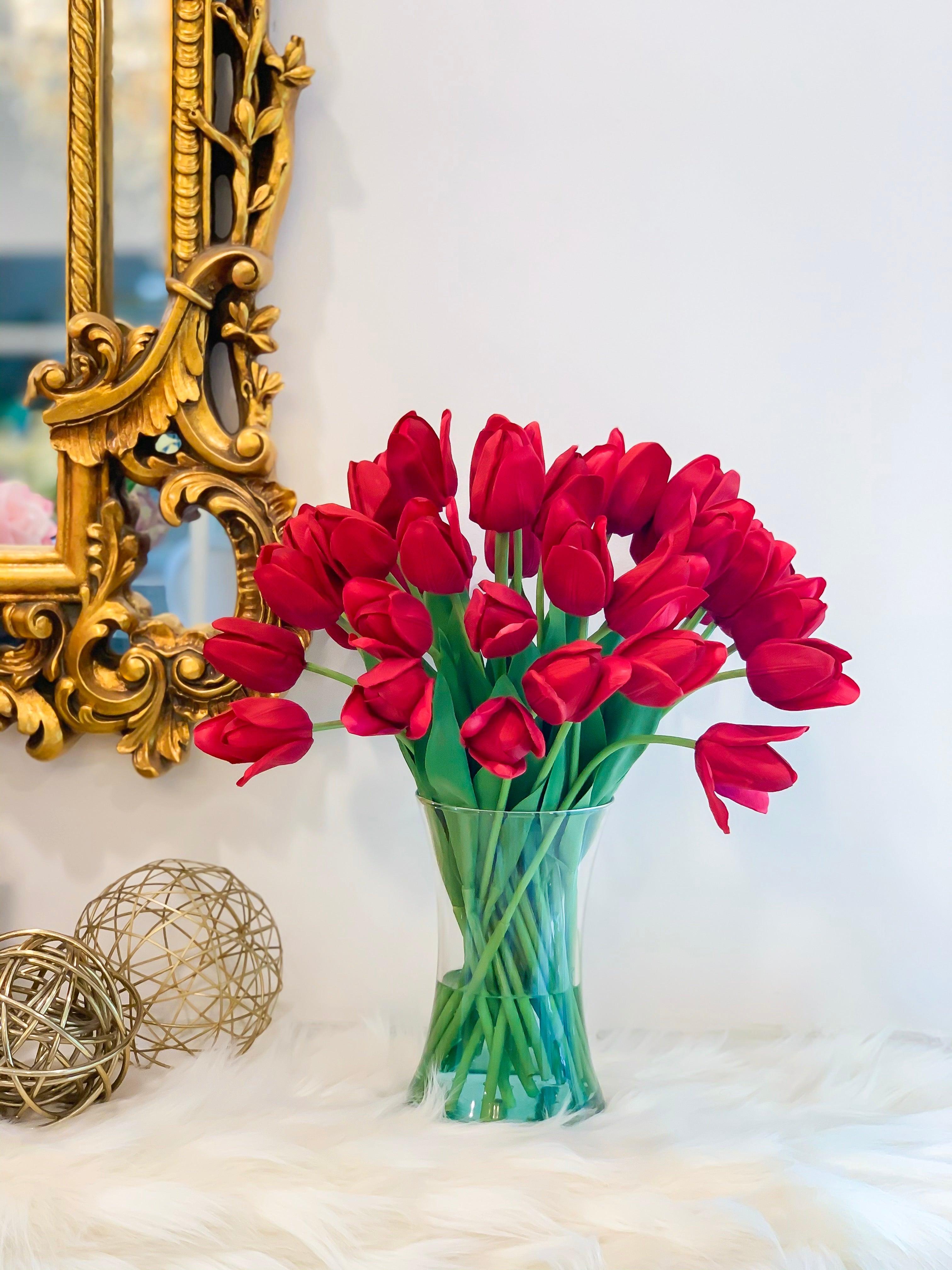 Large Real Touch Tulip Arrangement-Red Tulips Centerpiece-Faux Flower-Silk FlowerCenterpieces Artificial Arrangements - Flovery