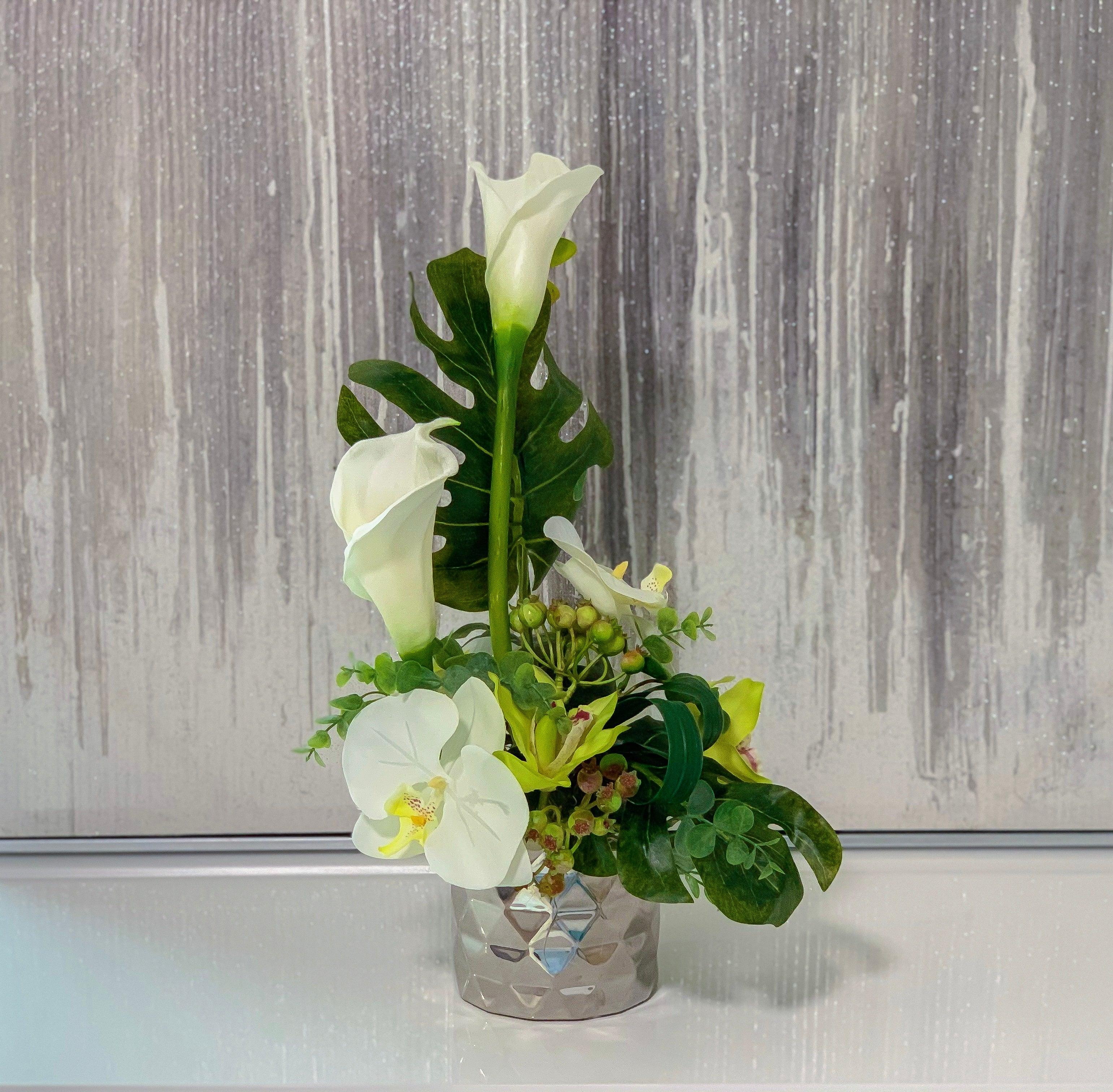 Contemporary Design Arrangement White Real Touch Calla Lily Mixed Orchid - Flovery