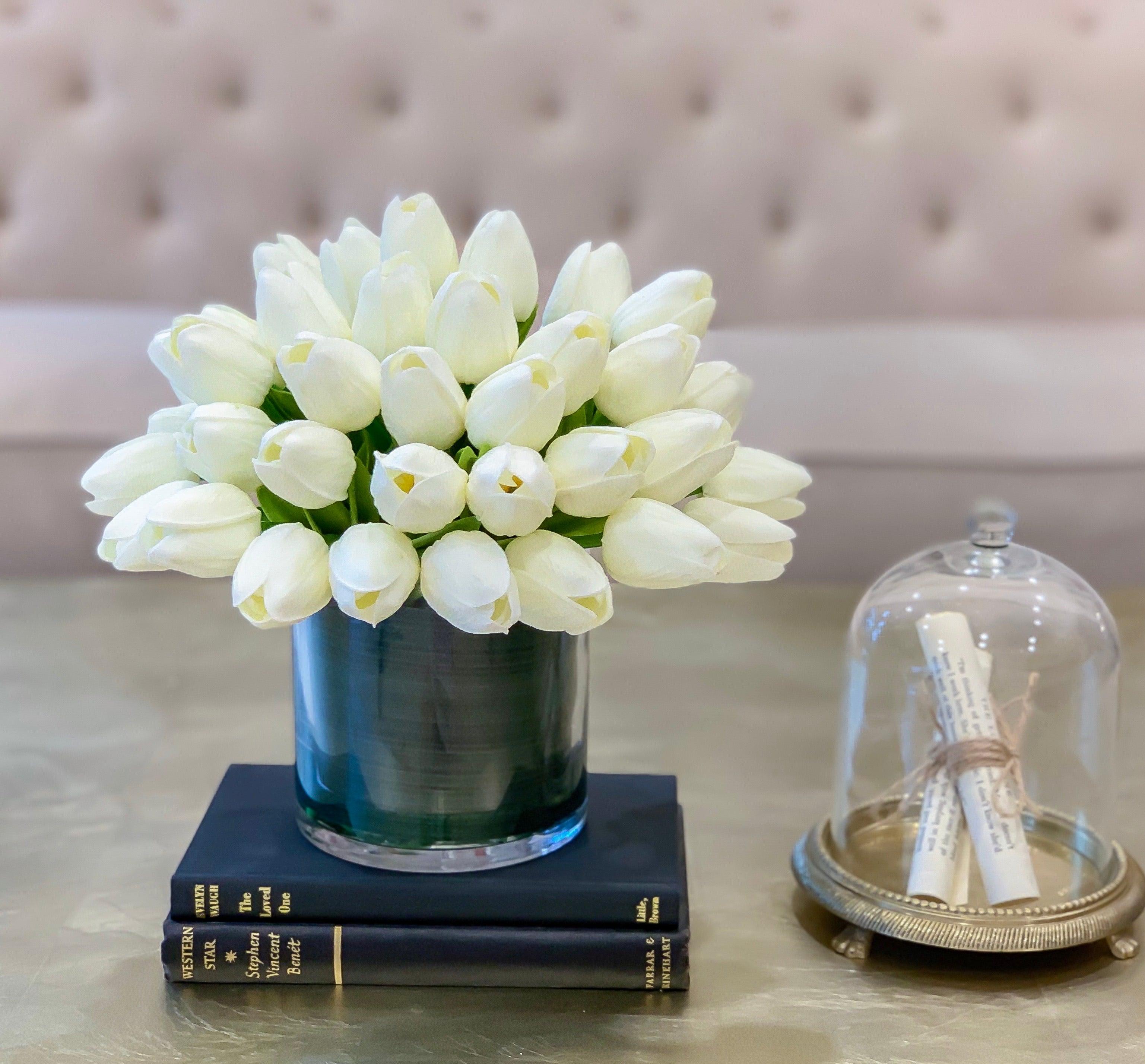 Faux Real Touch Tulips Centerpiece-Dining-Natural Touch Tulip-White Tulip-Silk Flower Arrangements-Soft Touch Flowers - Flovery