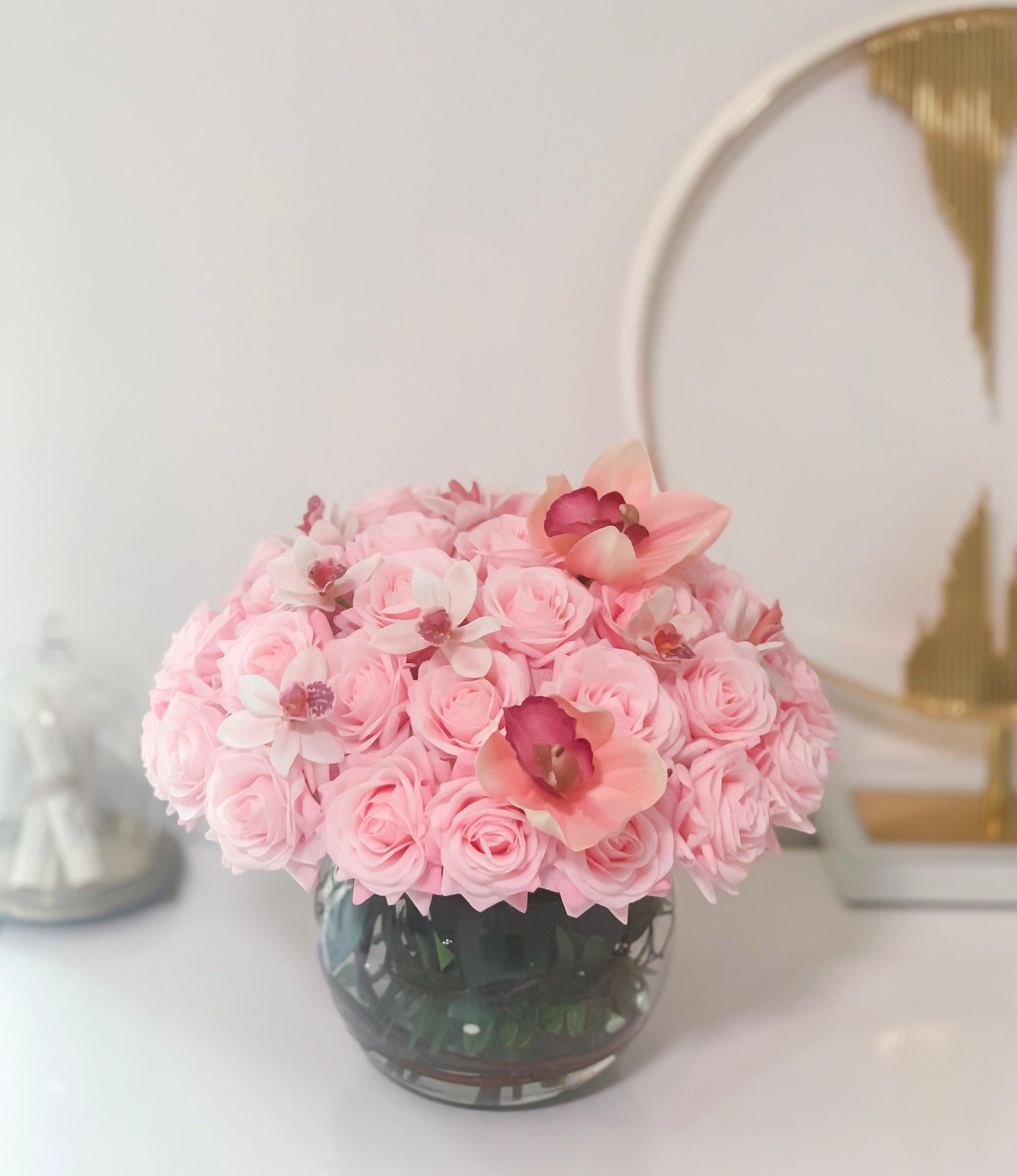 Real Touch Pink Roses-Real Touch Pink/White Orchids-Baby Pink/Pink/Blush Rose Flower Arrangement-Rose Faux Arrangement-Rose Centerpieces - Flovery