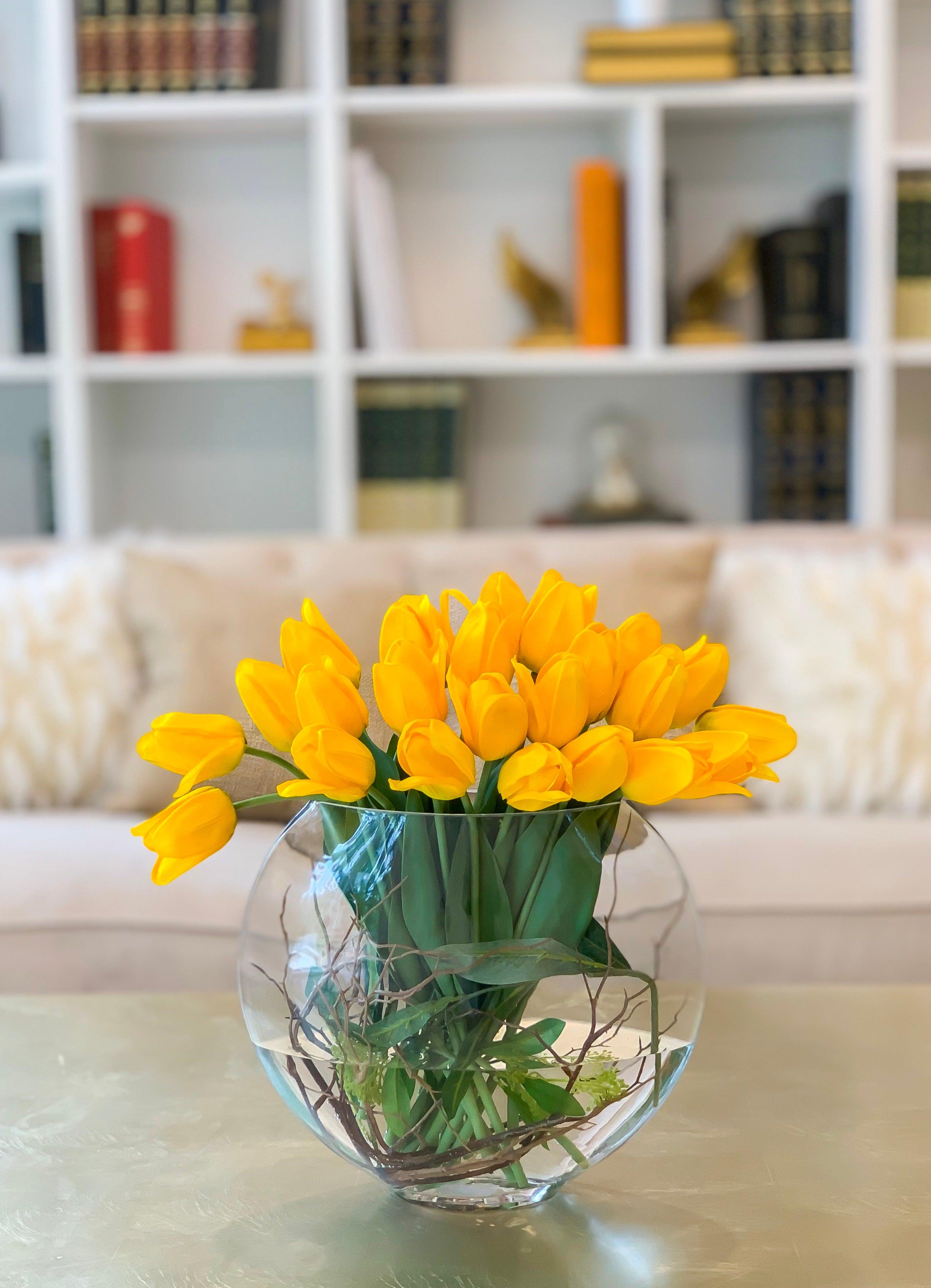 Large Yellow Real Touch Tulip Arrangement-Tulip Real Touch Flower Arrangement-Tulip Centerpiece-Faux Tulip Centerpiece- Yellow Flower Center - Flovery