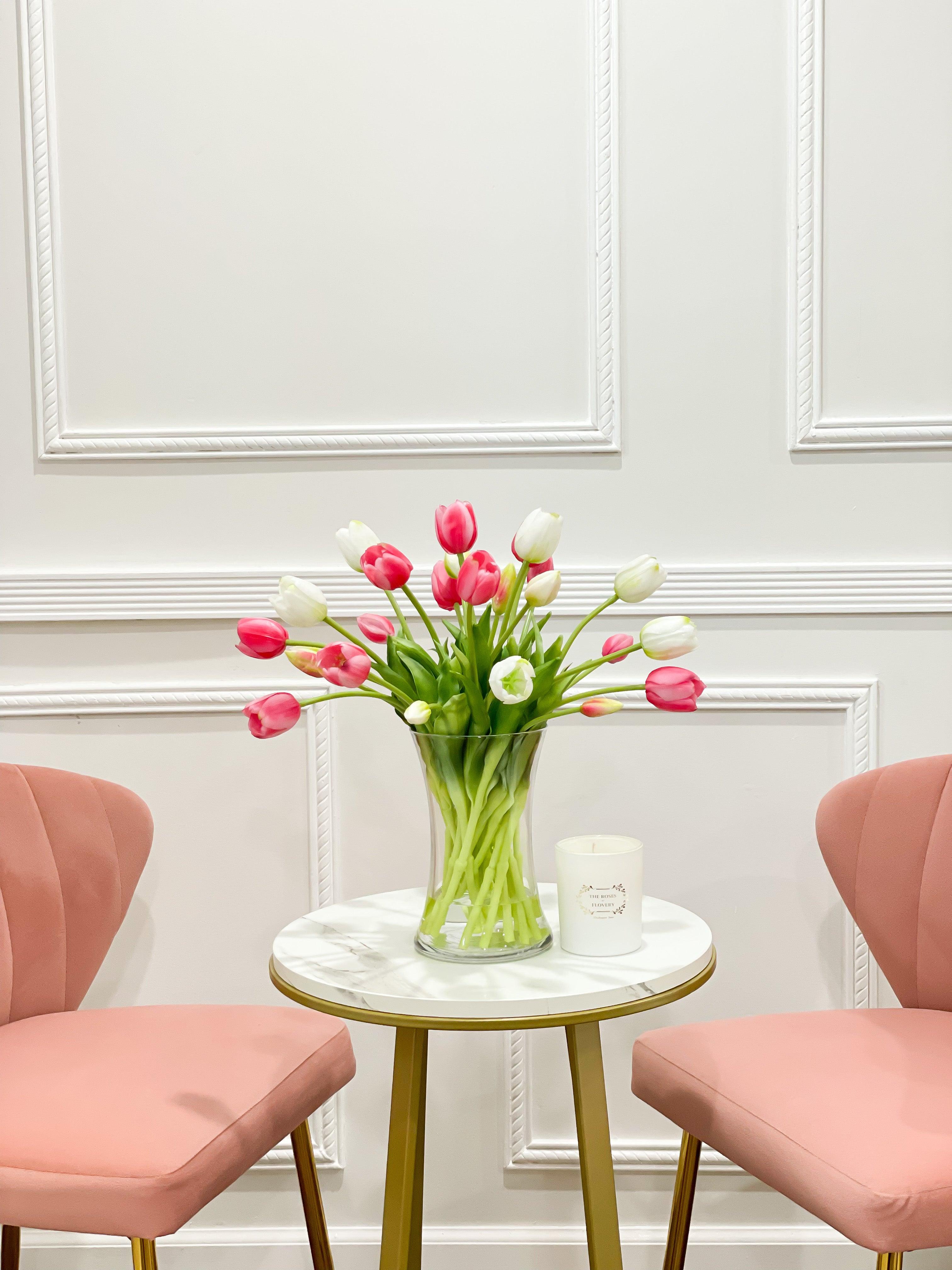 Real Touch Pink White Tulip Centerpiece - Flovery Main image