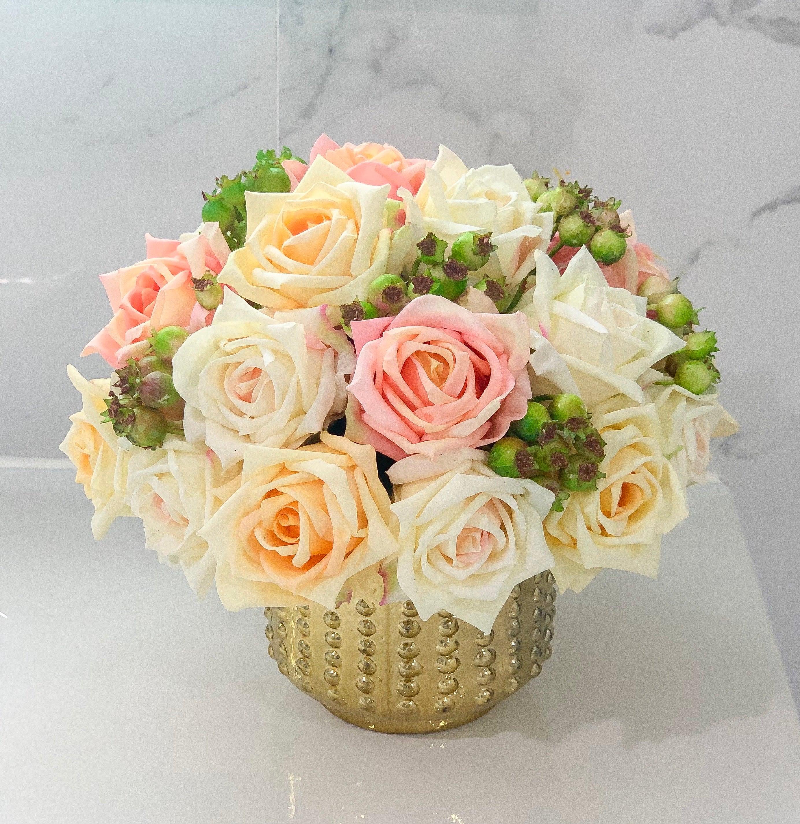 Real Touch Mixed Rose Centerpiece in Dotted Gold Vase Secondary image