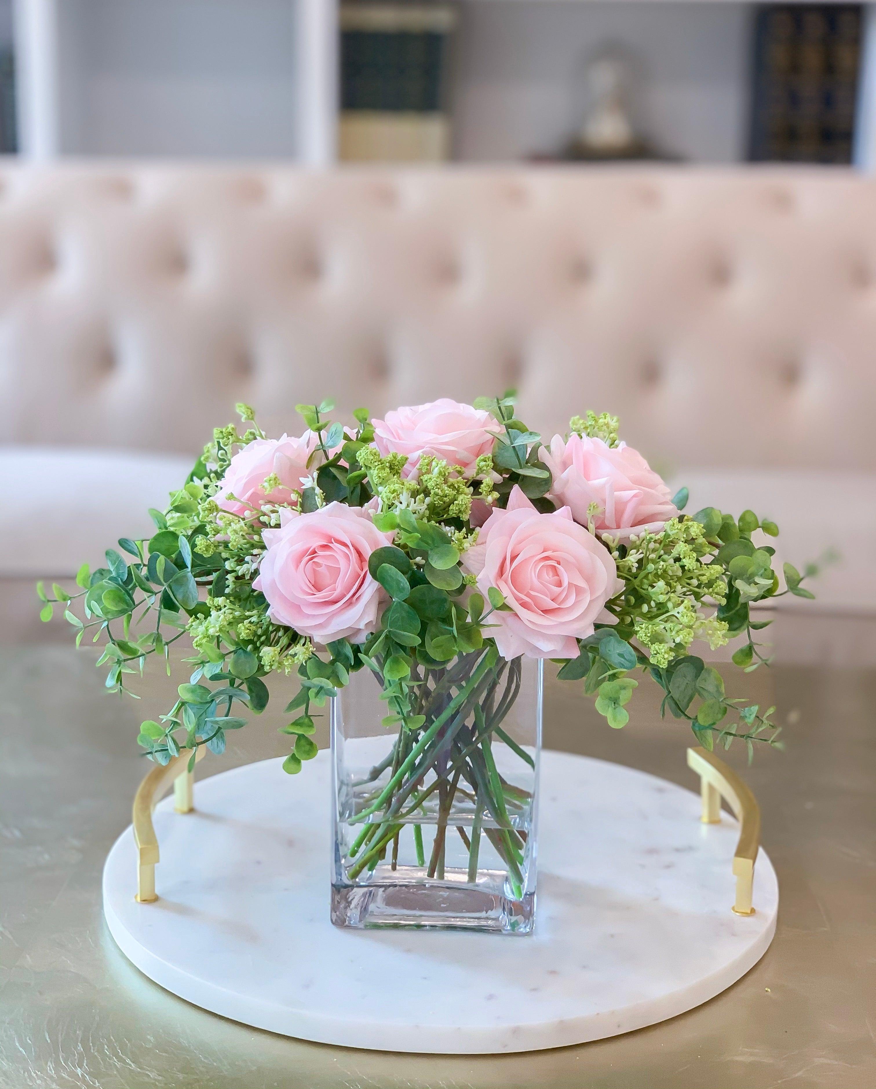 Pink/Blush Centerpiece-Rose Real Touch Flower Arrangement-Silk Flower Arrangement-Rose Centerpiece Home Decor-Floral Arrangement - Flovery Main image