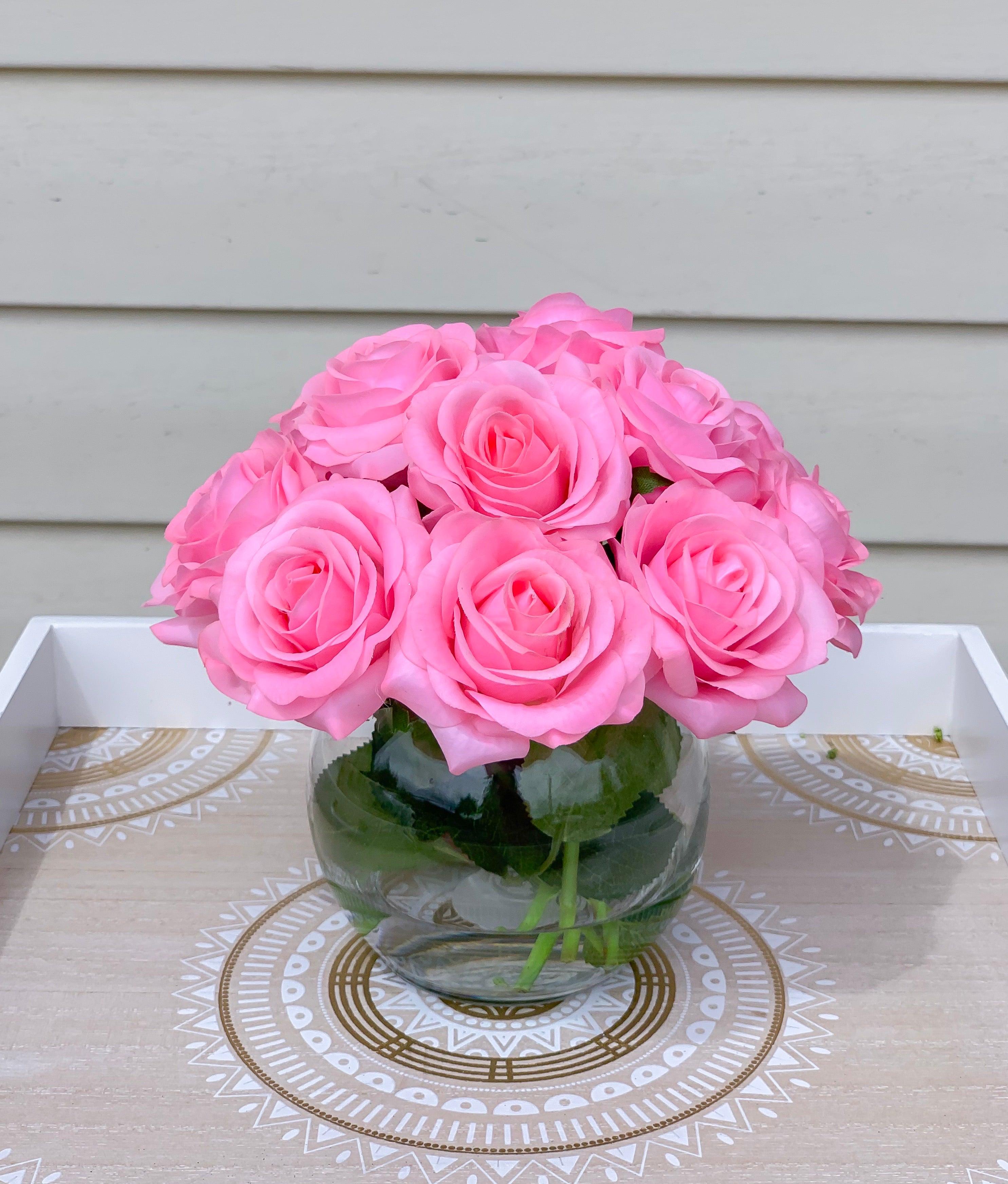 Real Touch Hot Pink Roses Arrangement-Pink Real Touch Flower Arrangement-Artificial Faux Silk Flowers-Real Touch Roses-Centerpiece-Pink Rose - Flovery
